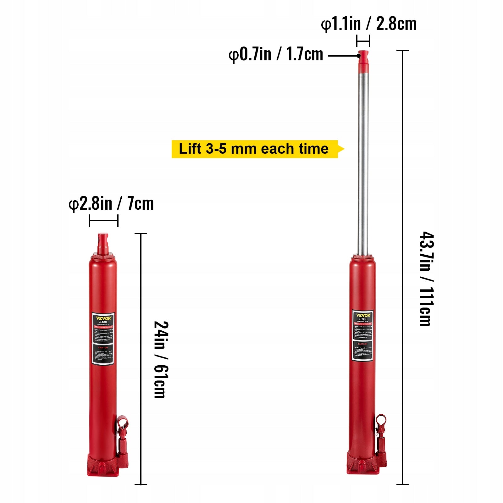 Hydraulic Long Ram Jack 4 Tons 8818 lbs Single Piston Manual Cherry Picker Maximum lifting height 1110 mm