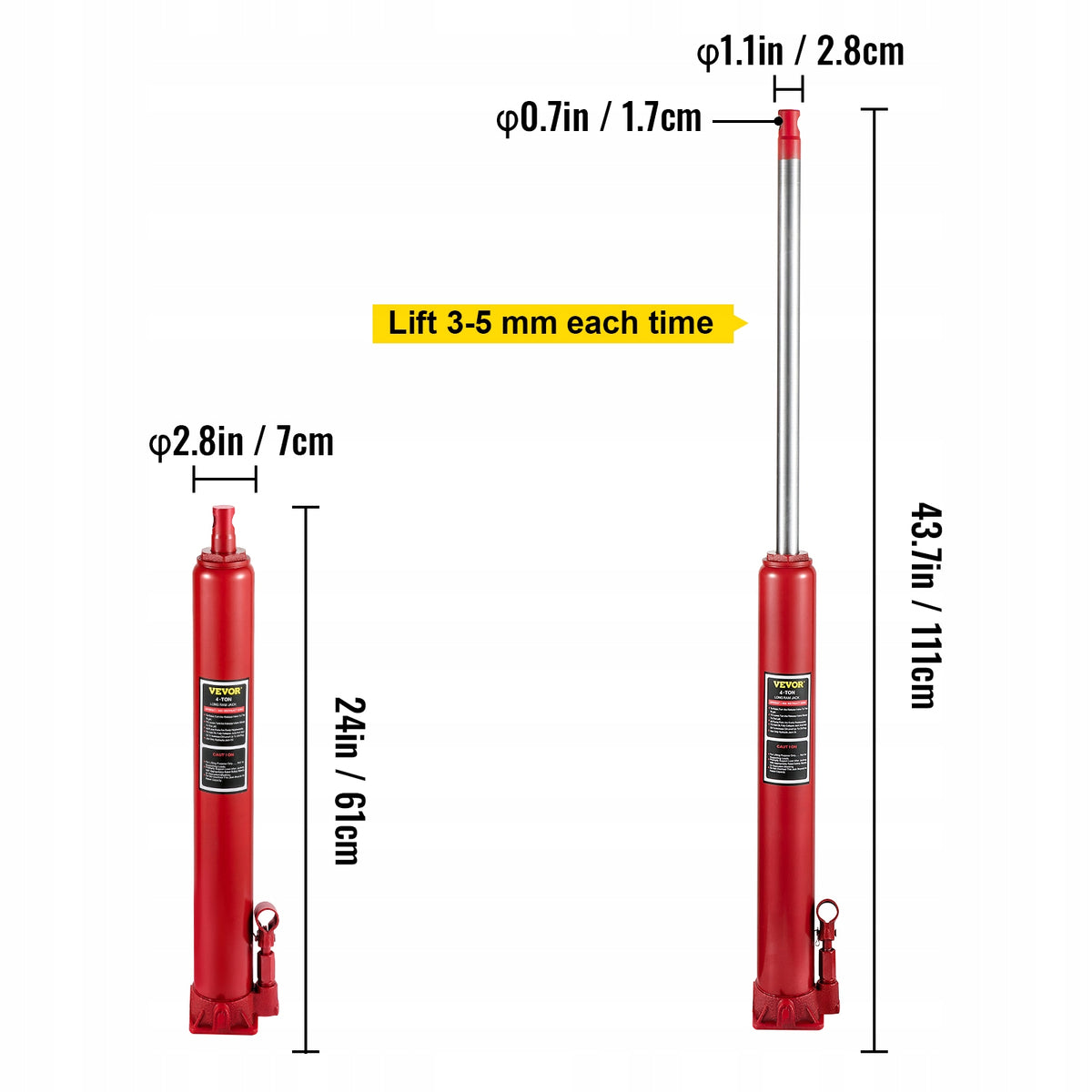 Hydraulic Long Ram Jack 4 Tons 8818 lbs Single Piston Manual Cherry Picker Maximum lifting height 1110 mm