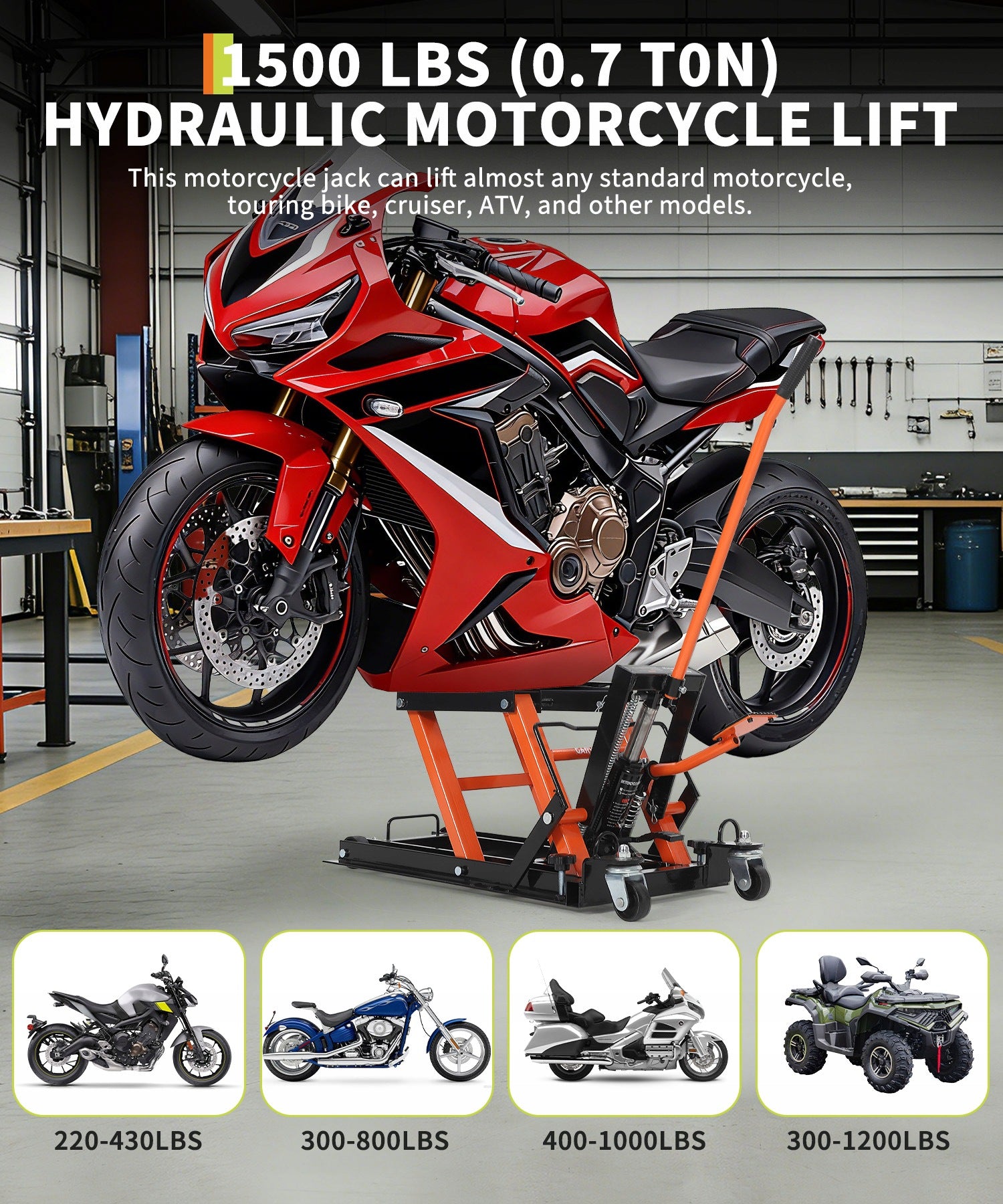 Hydraulic Motorcycle Lift Jack Stand, 4 Wheels, Foot Pedal & Manual Pump Manufacturer no brand