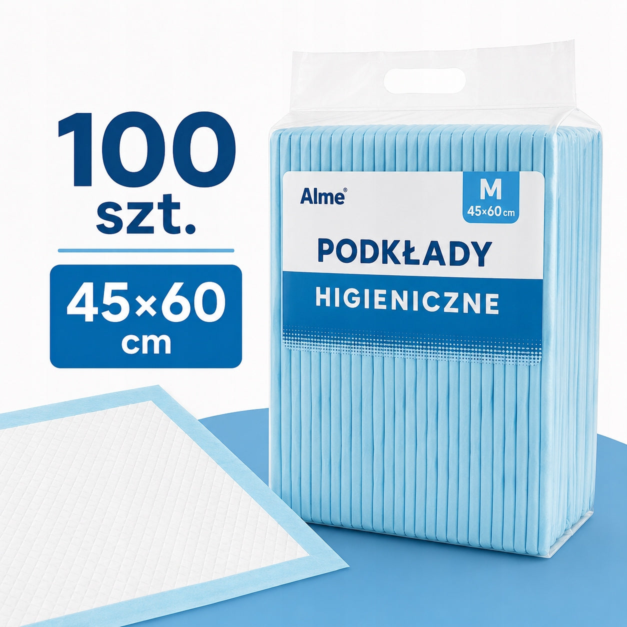 Hygiene pads ALME M 45x60 cm 100 pcs. super absorbent for changing Manufacturer code Podkłady Chłonne Higieniczne ALME 45x60cm 100