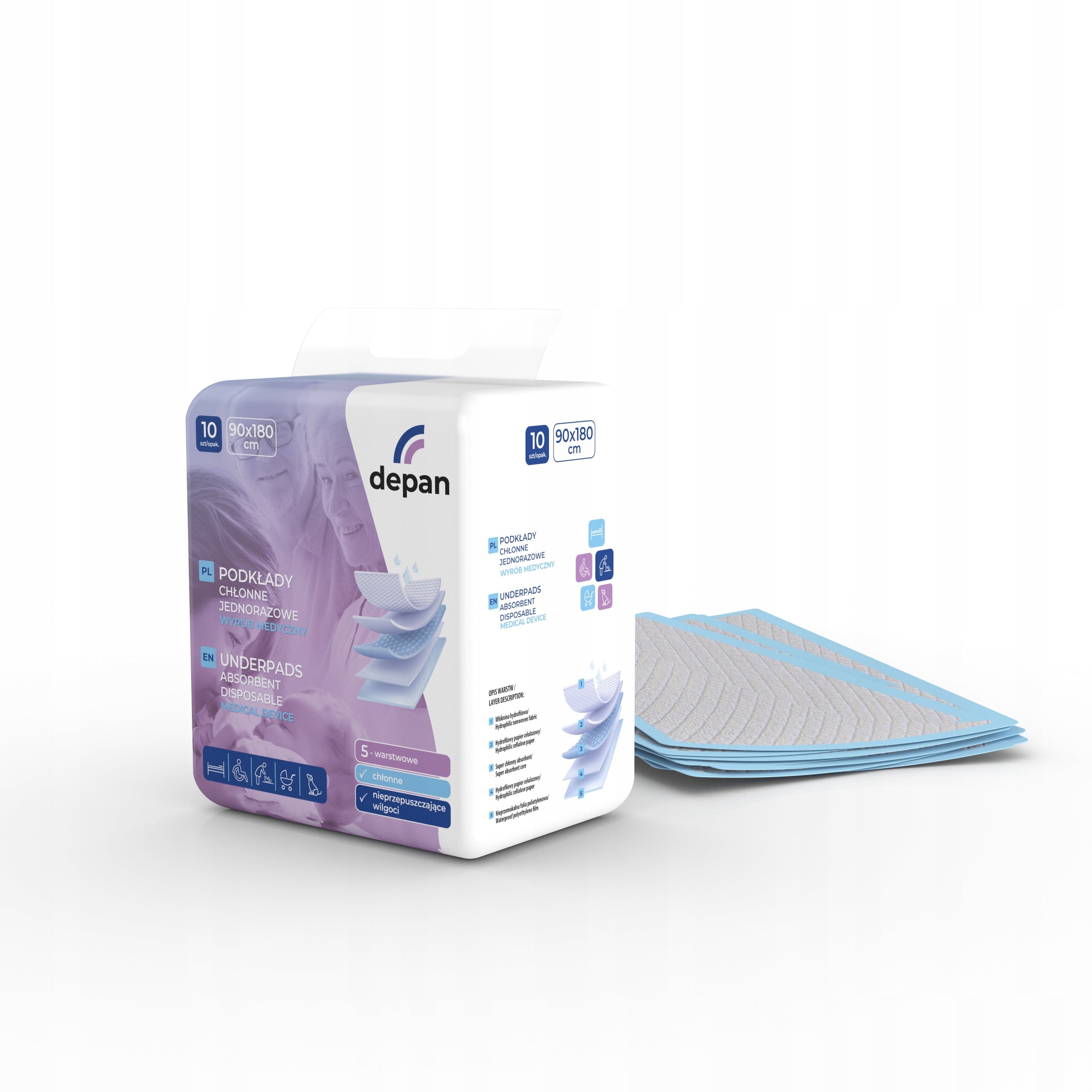 Hygienic, absorbent foundations, Depan, large, 90x180 cm, 10 pcs. 5 layers