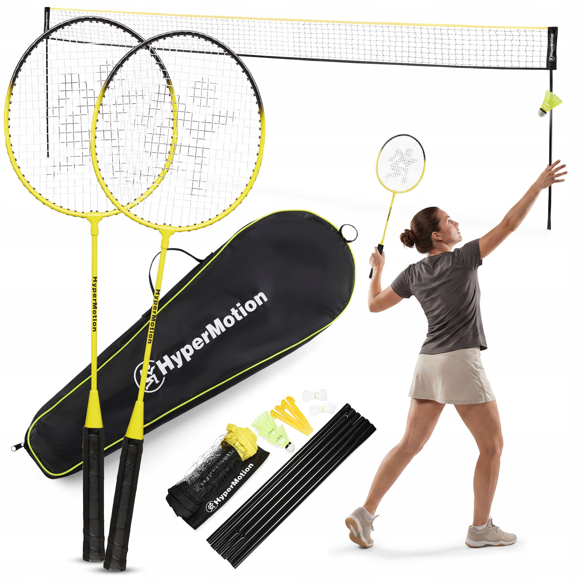 HyperMotion badminton set with net and cover – 2 rackets, 3 shuttlecocks