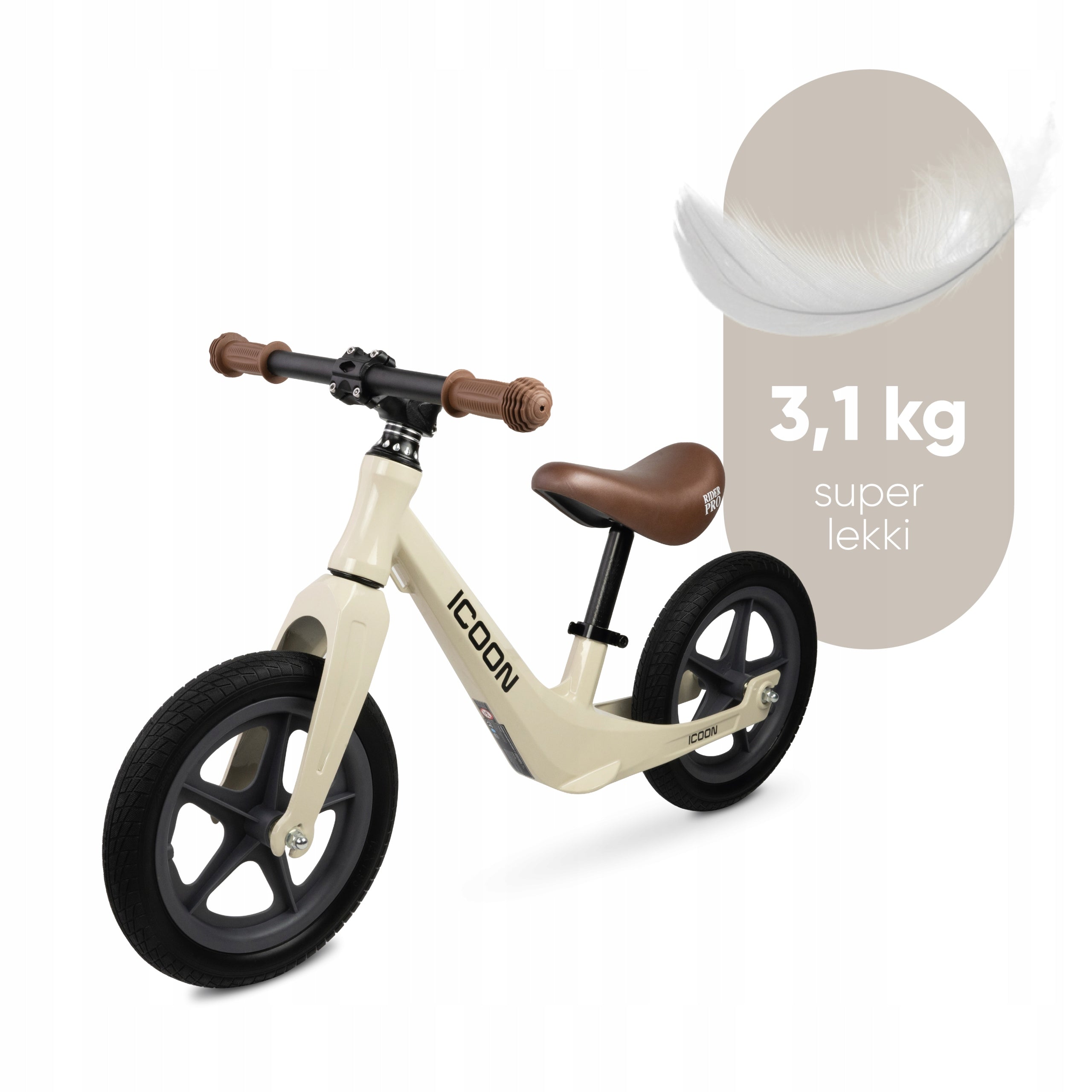 ICOON Magnesium balance bike 12” light 3,1kg PU wheels for children 2+ beige Model Rider Pro