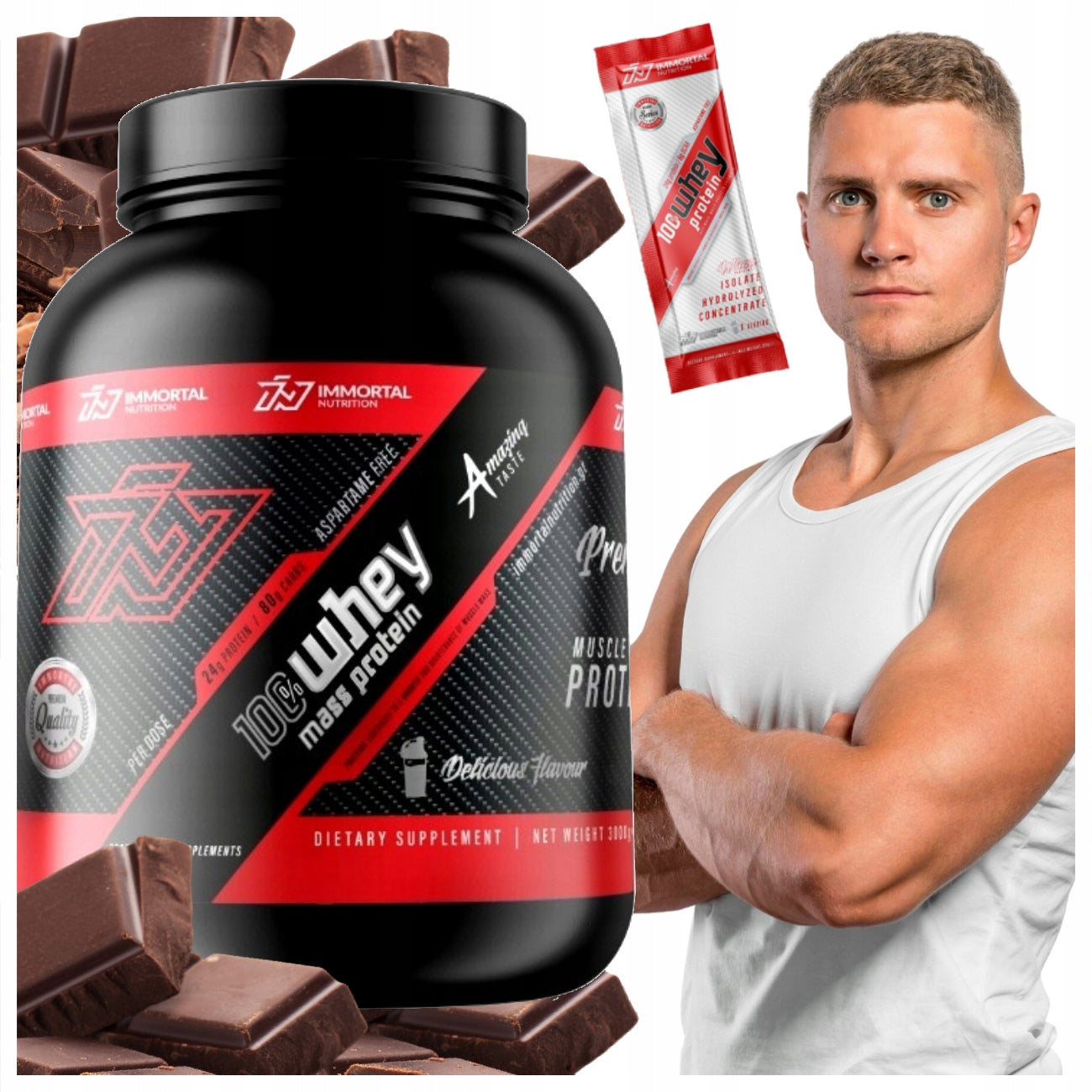 IMMORTAL WHEY MASS PROTEIN 3000G CHOCOLATE GAINER MASS GAJNER POWDER Expiration date at least six months from the date of purchase
