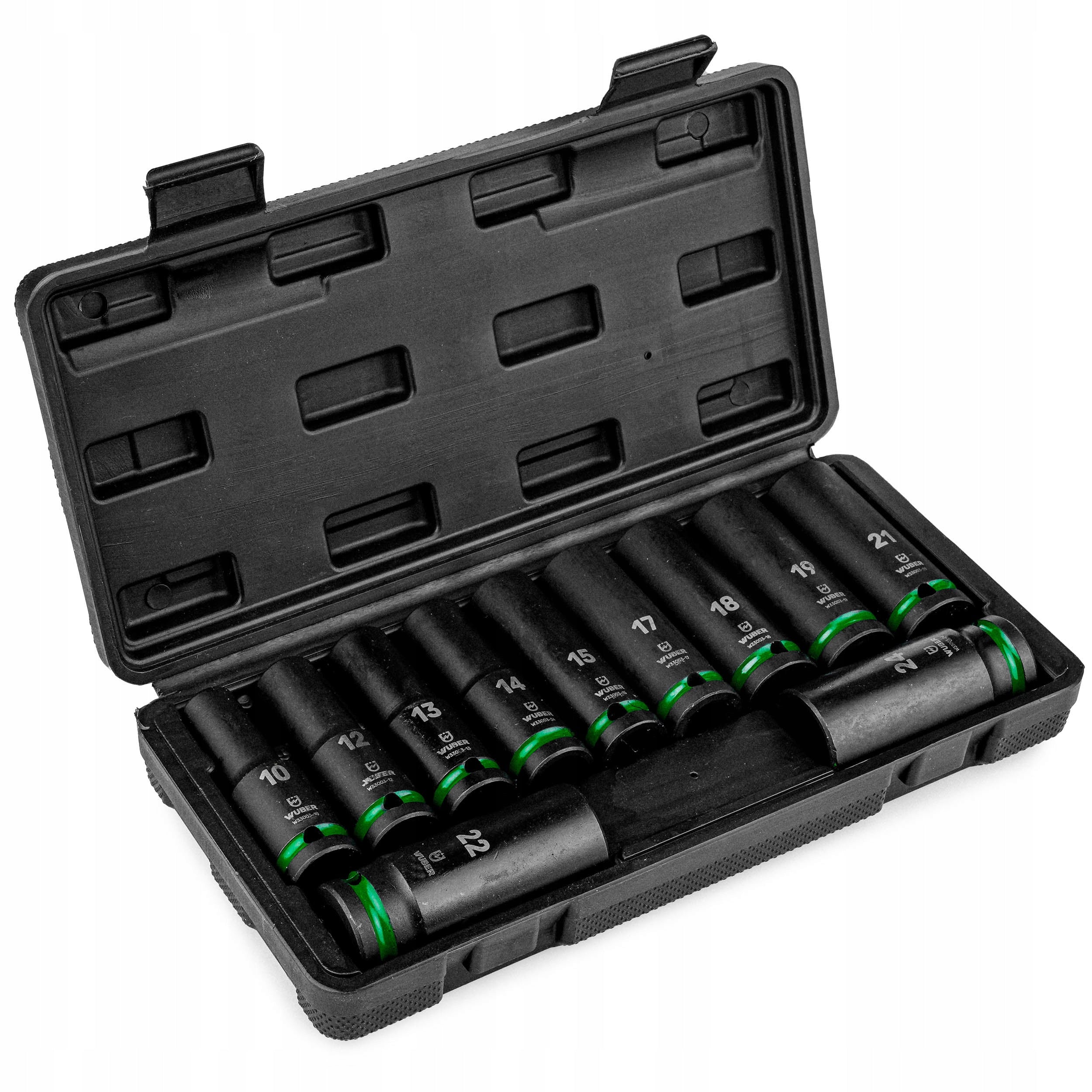 IMPACT SOCKET SET 11 PACK 1/2" 6-ANGLE LONG CAPS 10-24MM WUBER Packaging status original