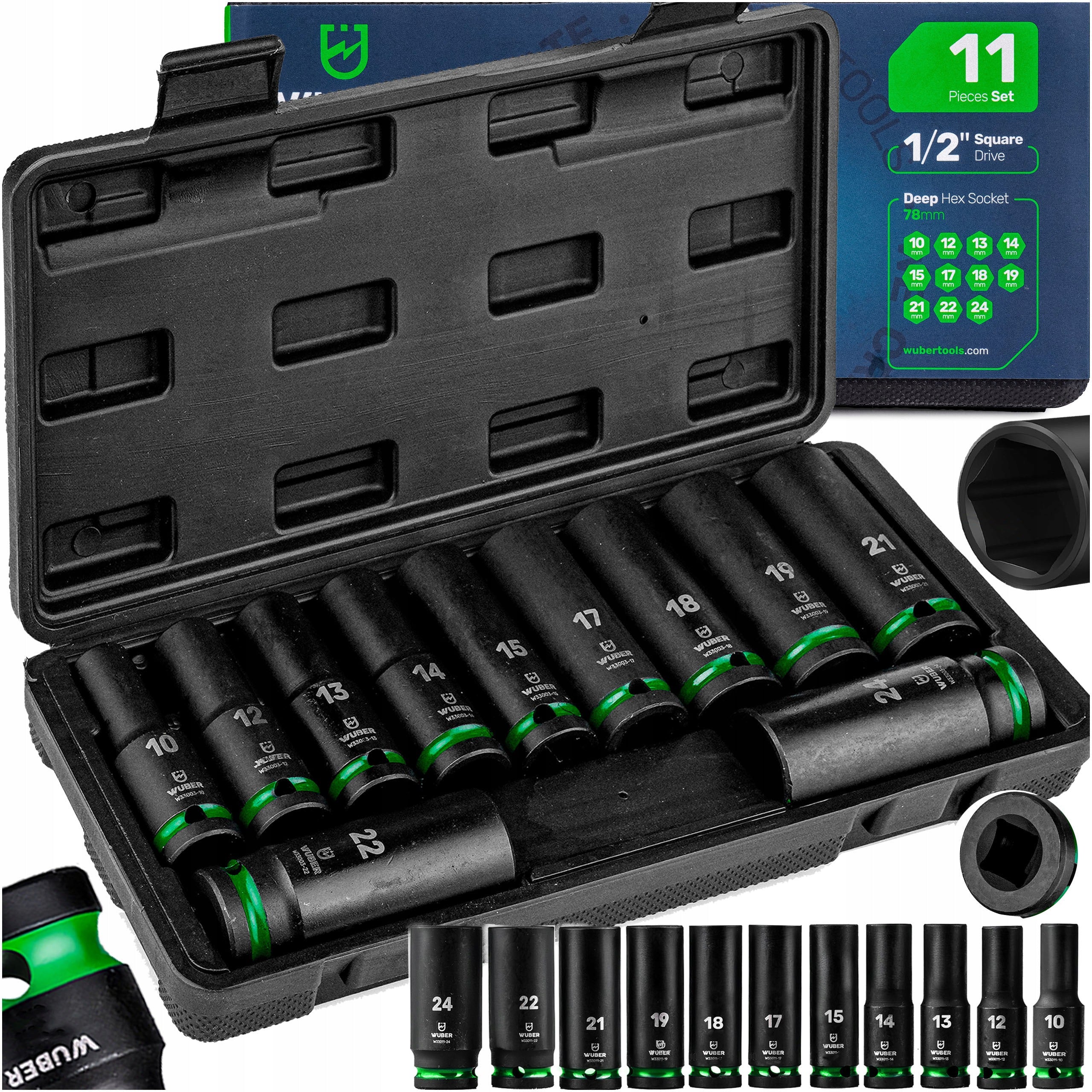 IMPACT SOCKET SET 11 PACK 1/2" 6-ANGLE LONG CAPS 10-24MM WUBER