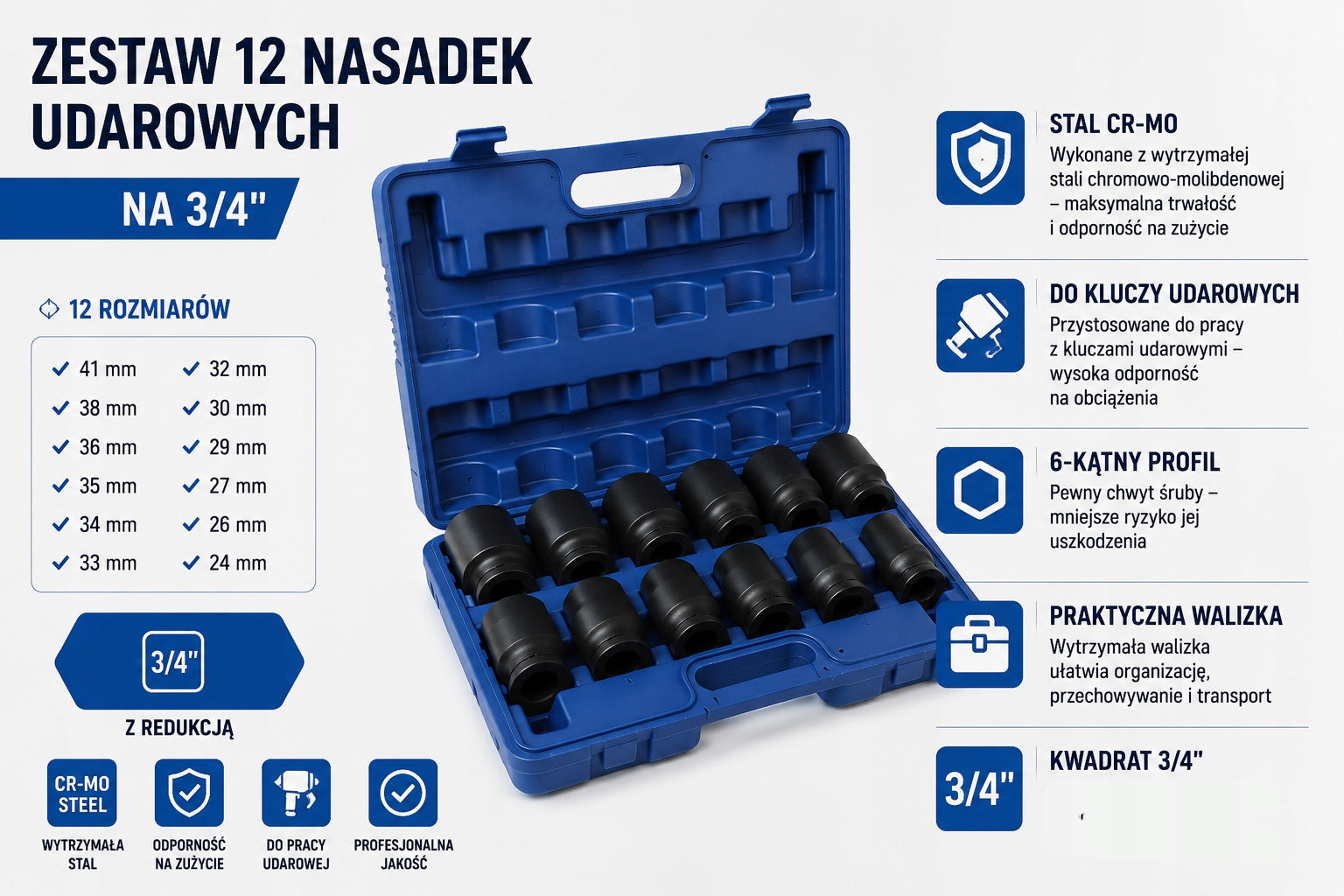 IMPACT SOCKET SET 24-41 MM IMPACT SOCKETS 3/4 Cr-V SOCKET WRENCHES Brand Ondragon