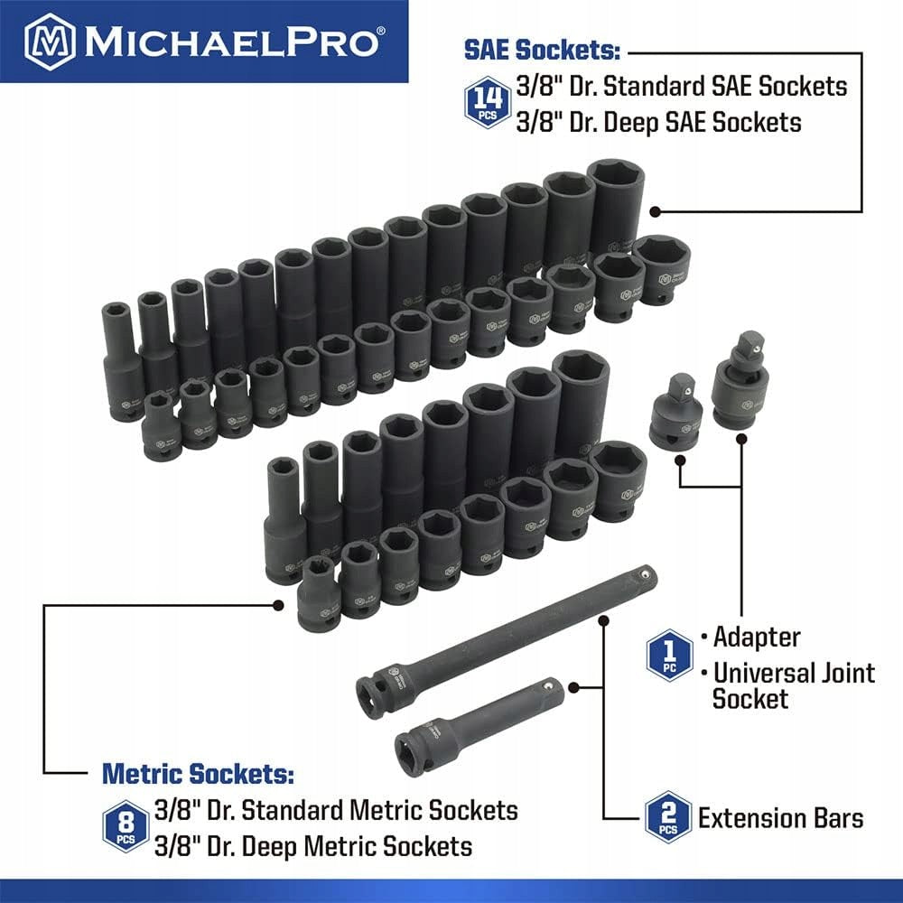 IMPACT SOCKET SET 3/8" 48 PARTS SAE METRIC CR-MO Brand no brand