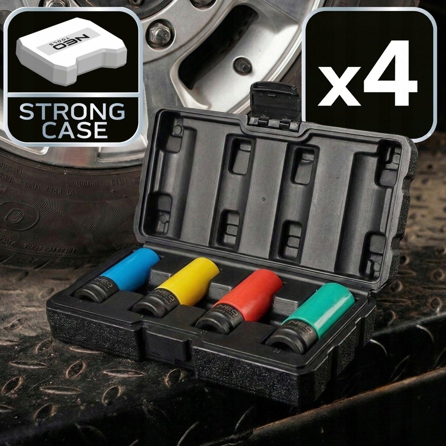 IMPACT SOCKET SET FOR ALLOY WHEELS 4 PCS 17/19/21/22MM NEO TOOLS Manufacturer code Nasadki udarowe do felg aluminiowych 12-351