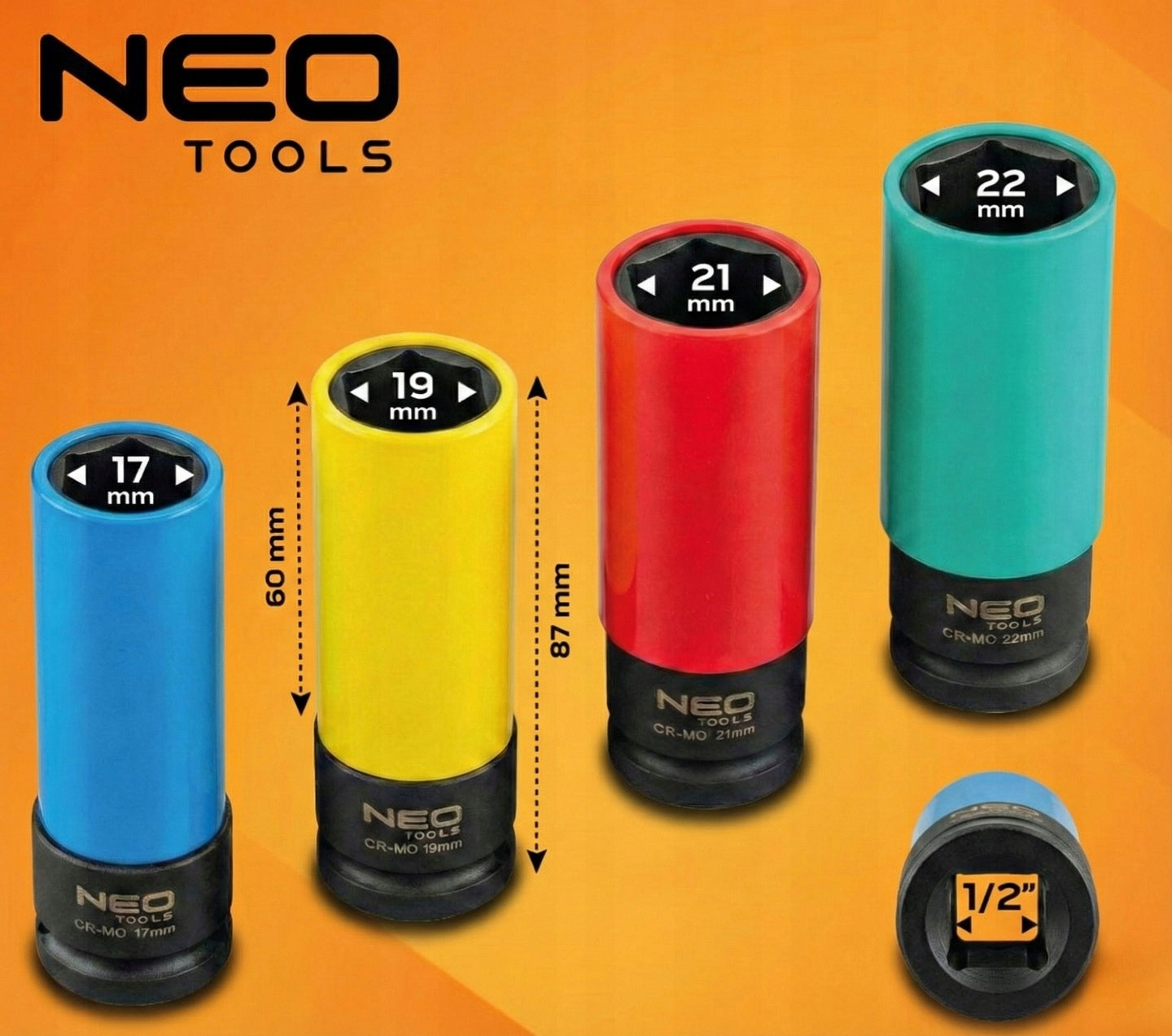 IMPACT SOCKET SET FOR ALLOY WHEELS 4 PCS 17/19/21/22MM NEO TOOLS Mounting 1/2"