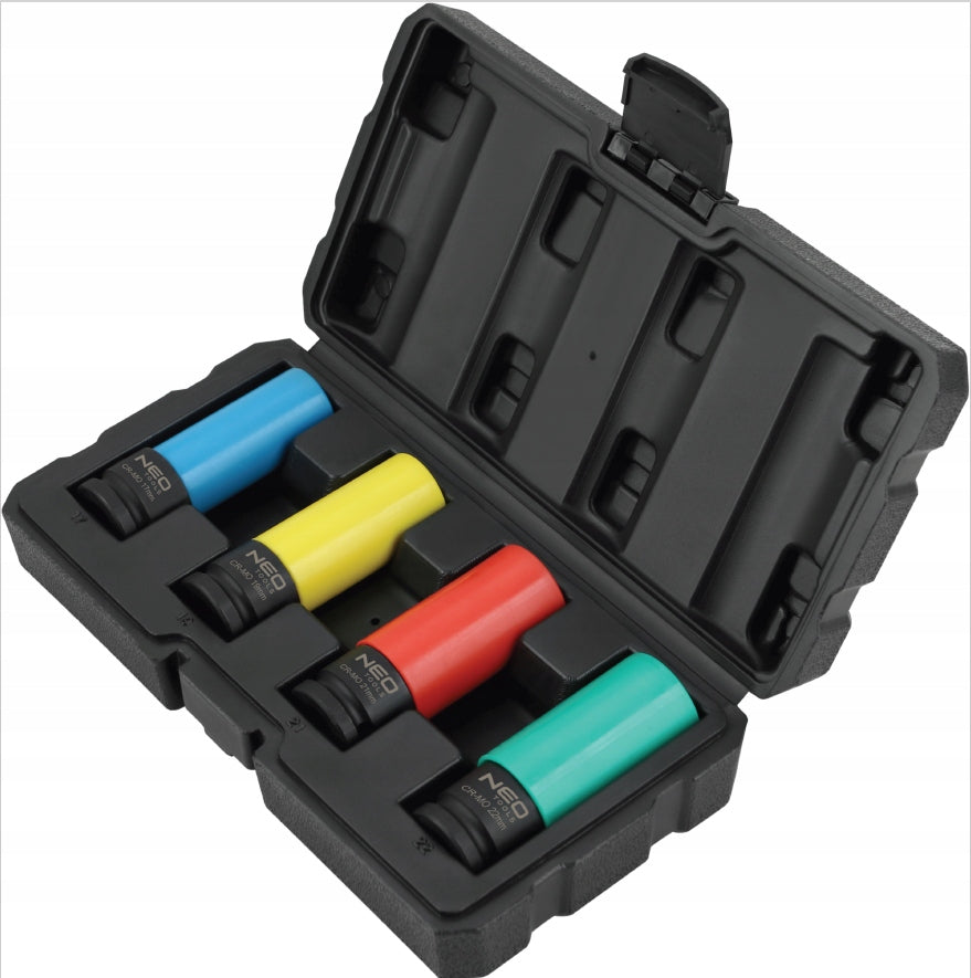 IMPACT SOCKET SET FOR ALLOY WHEELS 4 PCS 17/19/21/22MM NEO TOOLS Product weight with unit packaging 1.2 kg