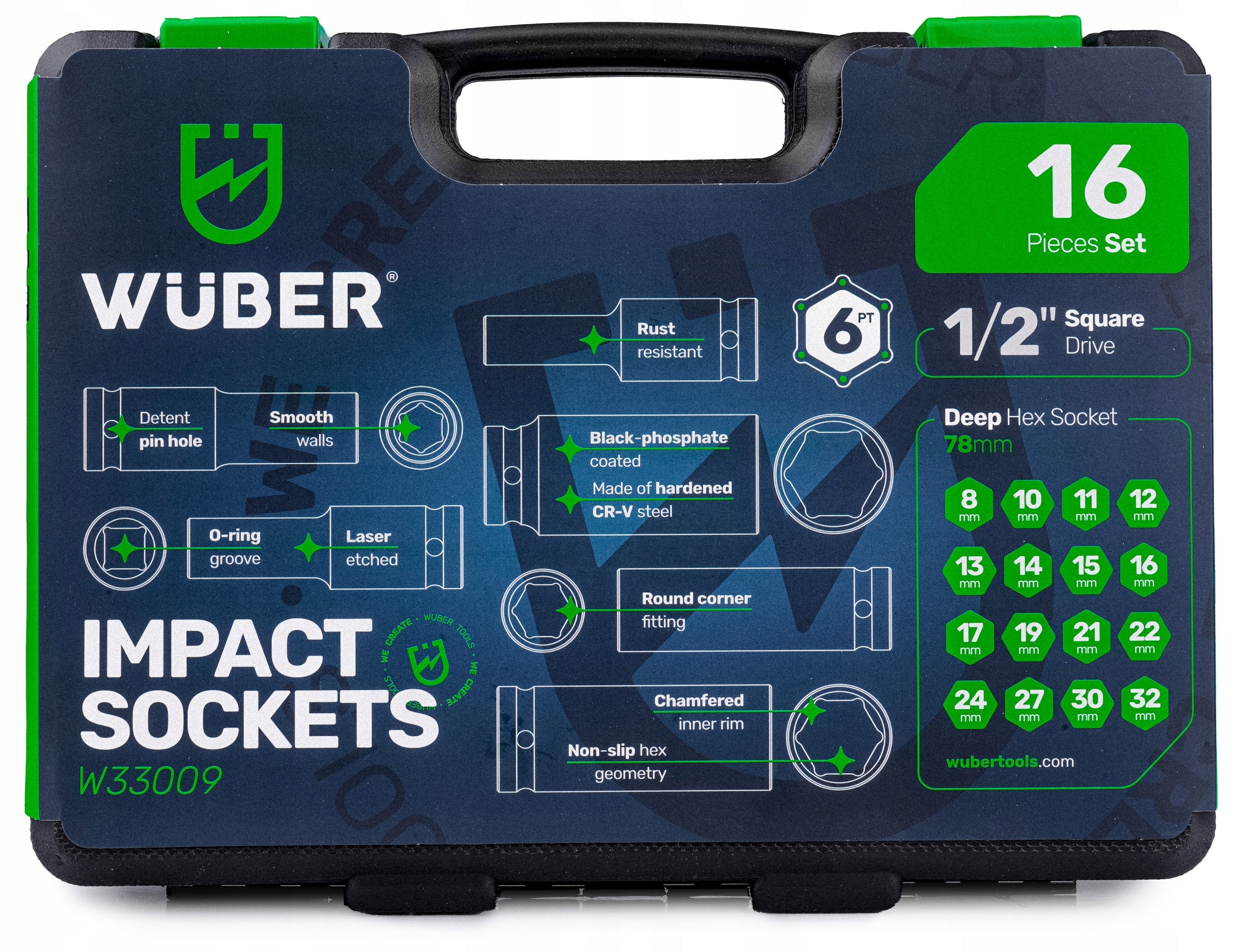 IMPACT SOCKET SET FOR WRENCH 16 PCS 1/2'' LONG 8-32 MM CR-V SUITCASE Number of items in the set 16