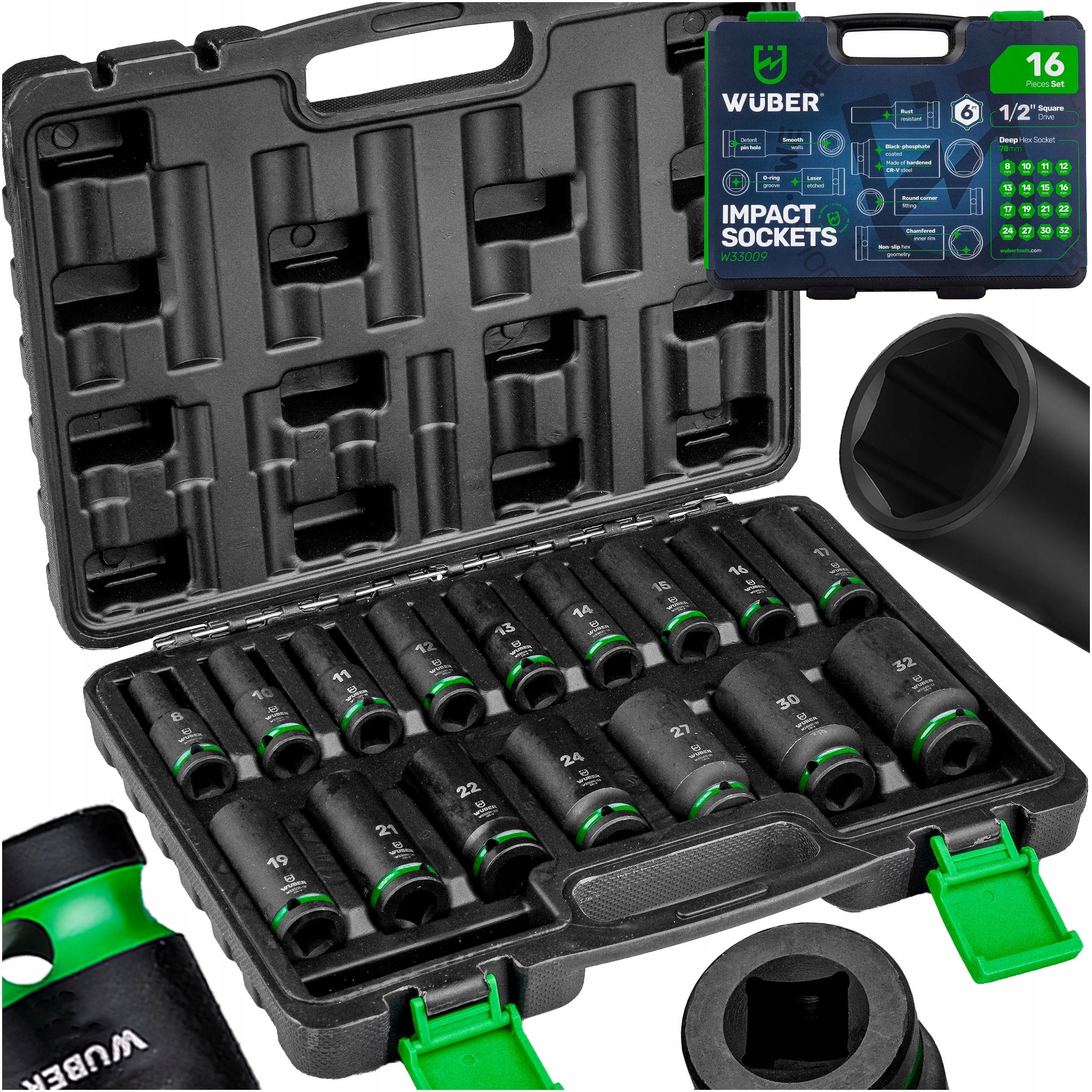 IMPACT SOCKET SET FOR WRENCH 16 PCS 1/2'' LONG 8-32 MM CR-V SUITCASE
