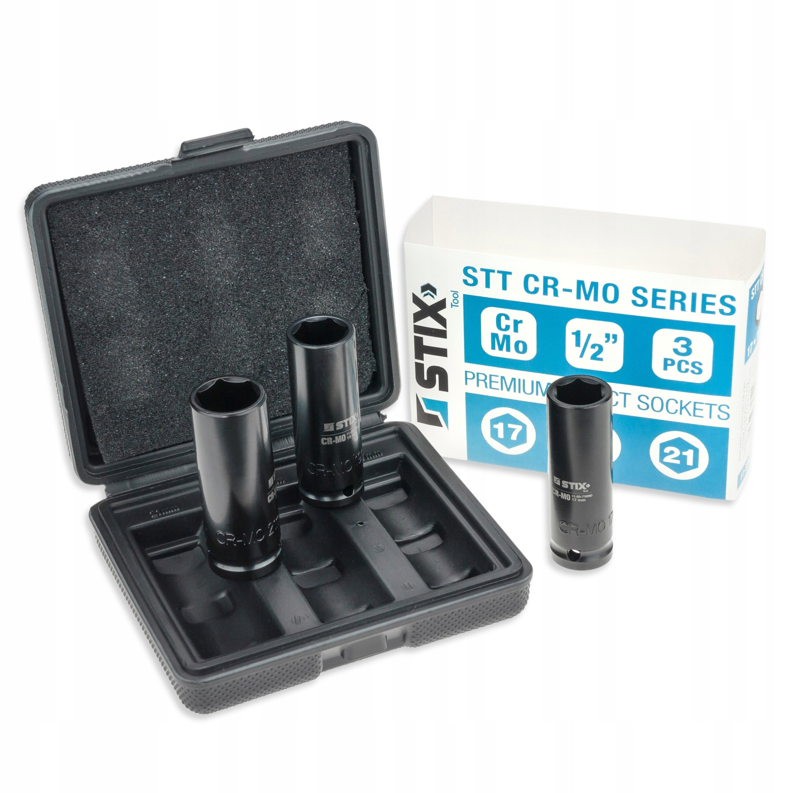 IMPACT SOCKETS LONG 1/2'' 17MM, 19MM, 21MM CR-MO SOCKET WRENCHES - STIX Type 6-point