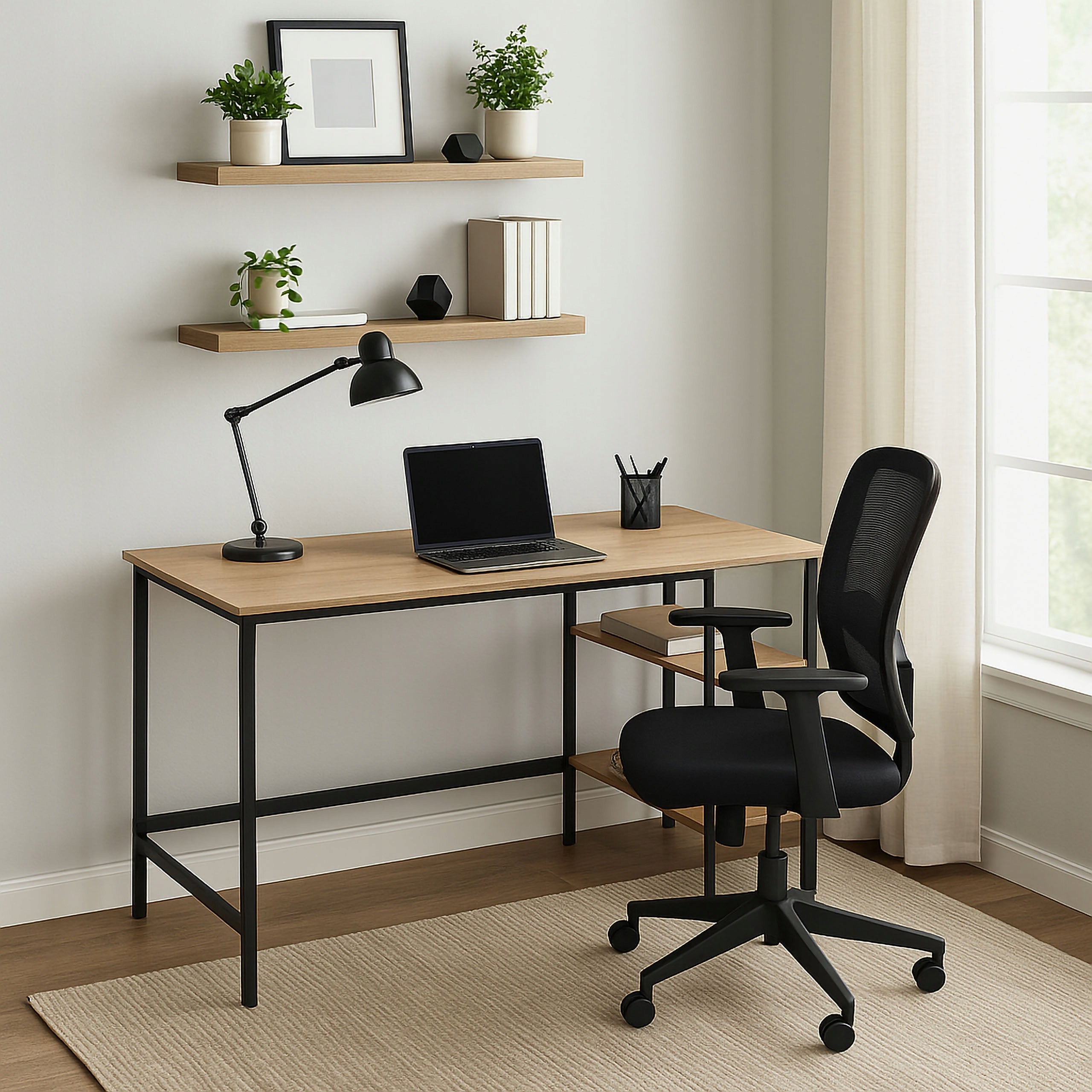 INDUSTRIAL METAL LOFT DESK 2 SHELVES MODERN OAK Brand LoftInspired