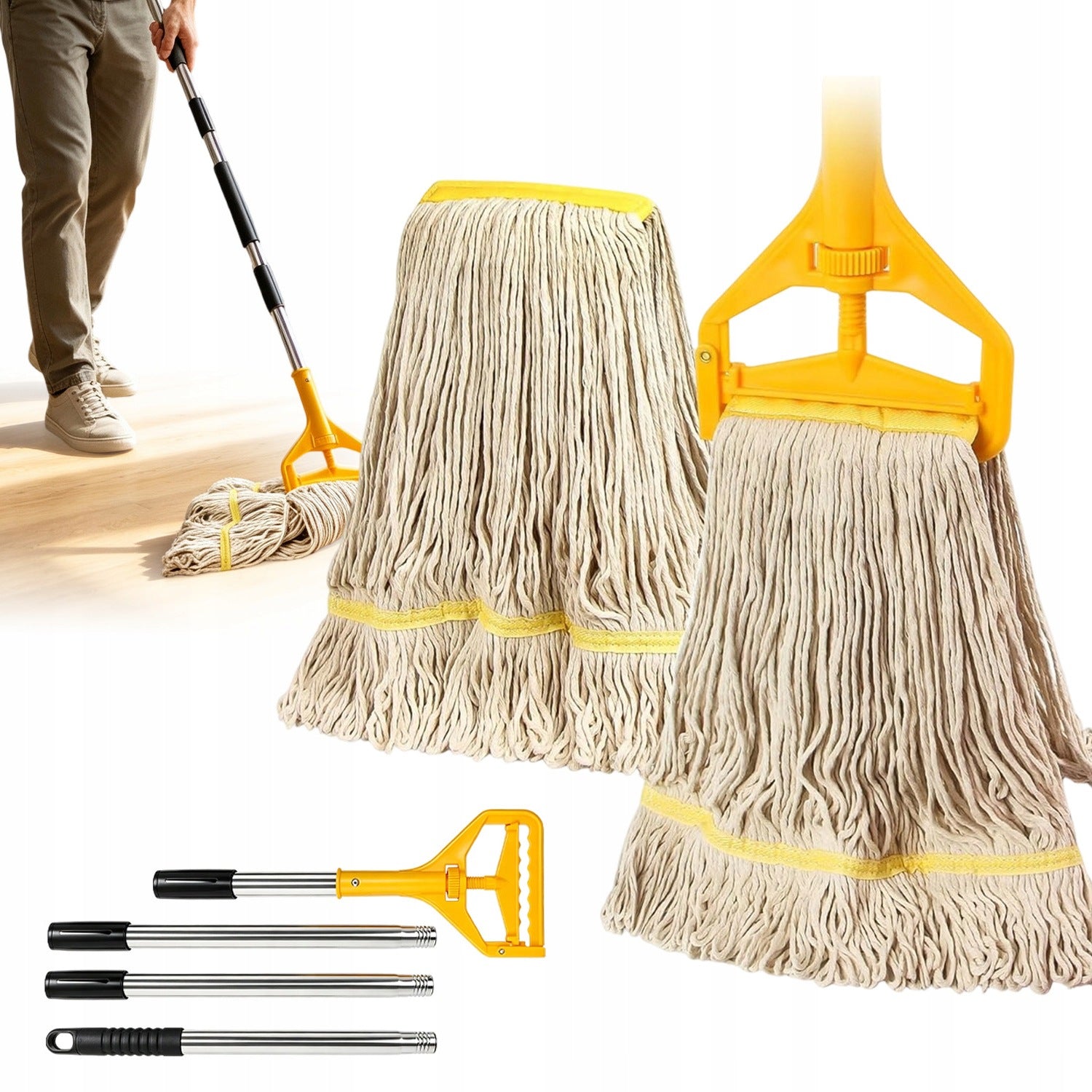 INDUSTRIAL MOP WITH 2 MOP HEADS DURABLE COTTON STRING 1.5M STRONG