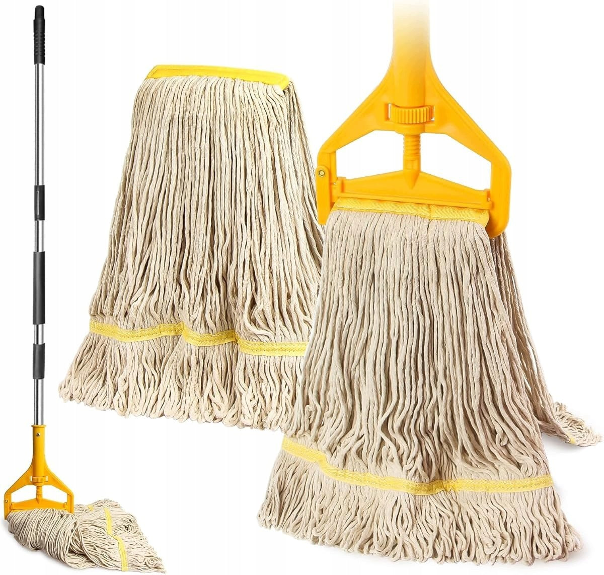 INDUSTRIAL MOP WITH STICK AND 2 MOP HEADS FOR CLEANING COTTON CORD