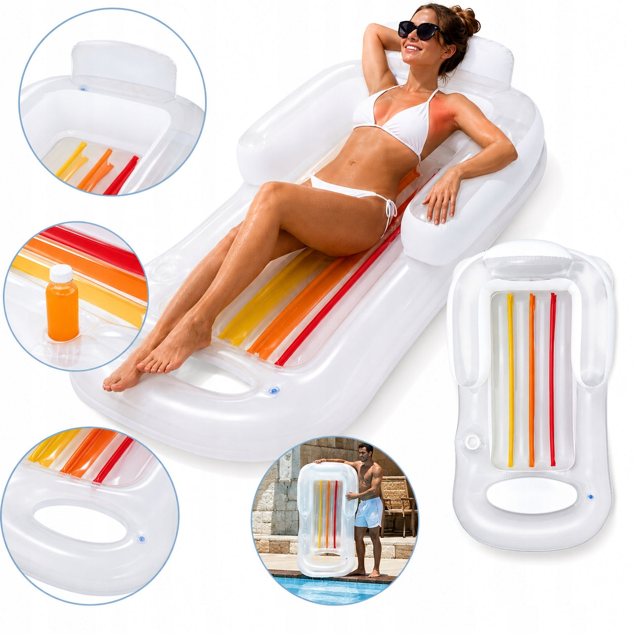 INFLATABLE MATTRESS ARMCHAIR WITH BEACH BACKREST FOR SWIMMING SUNBATHING POOL WHITE