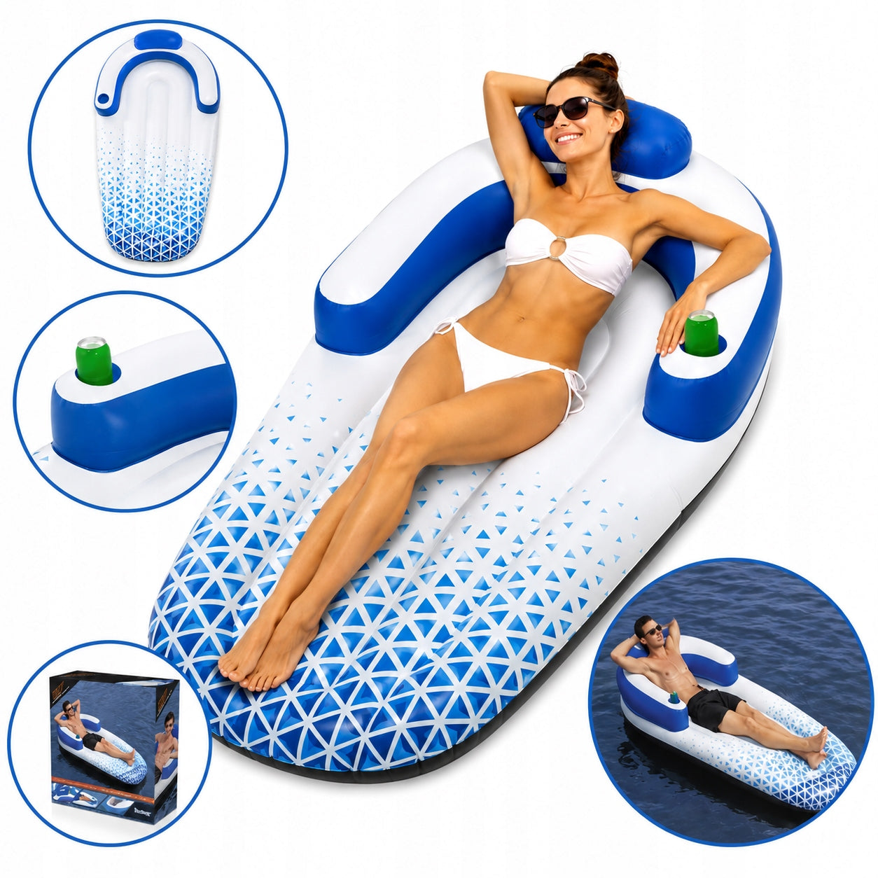 INFLATABLE MATTRESS SUN LOUNGER ARMCHAIR WITH BEACH BACKREST FOR SWIMMING POOL 100KG