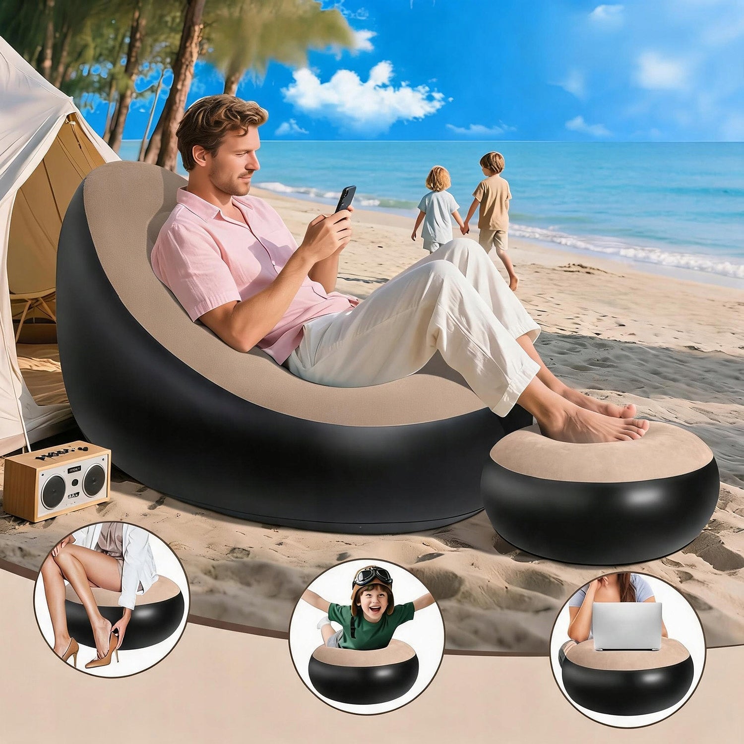 INFLATABLE SOFA SELF-INFLATING COMFORTABLE FOLDING SOFA WITH FOOTREST UP TO 200KG Manufacturer code Zchongqishafa366