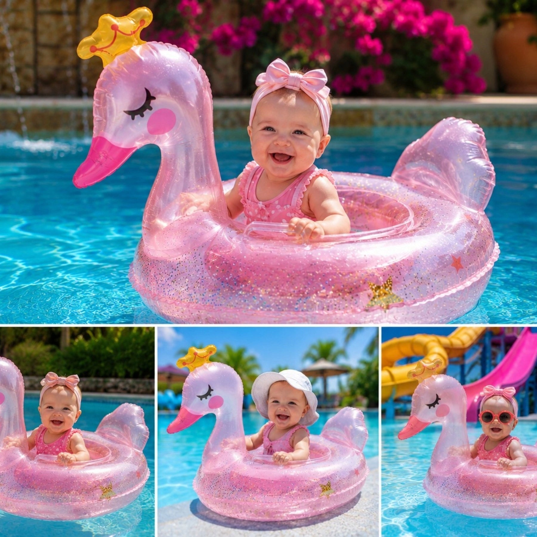 INFLATABLE SWAN SWIMMING WHEEL INFLATABLE WITH GLITTER FOR KIDS HANDLES Model NO. 68019_ŁABĘDŹ