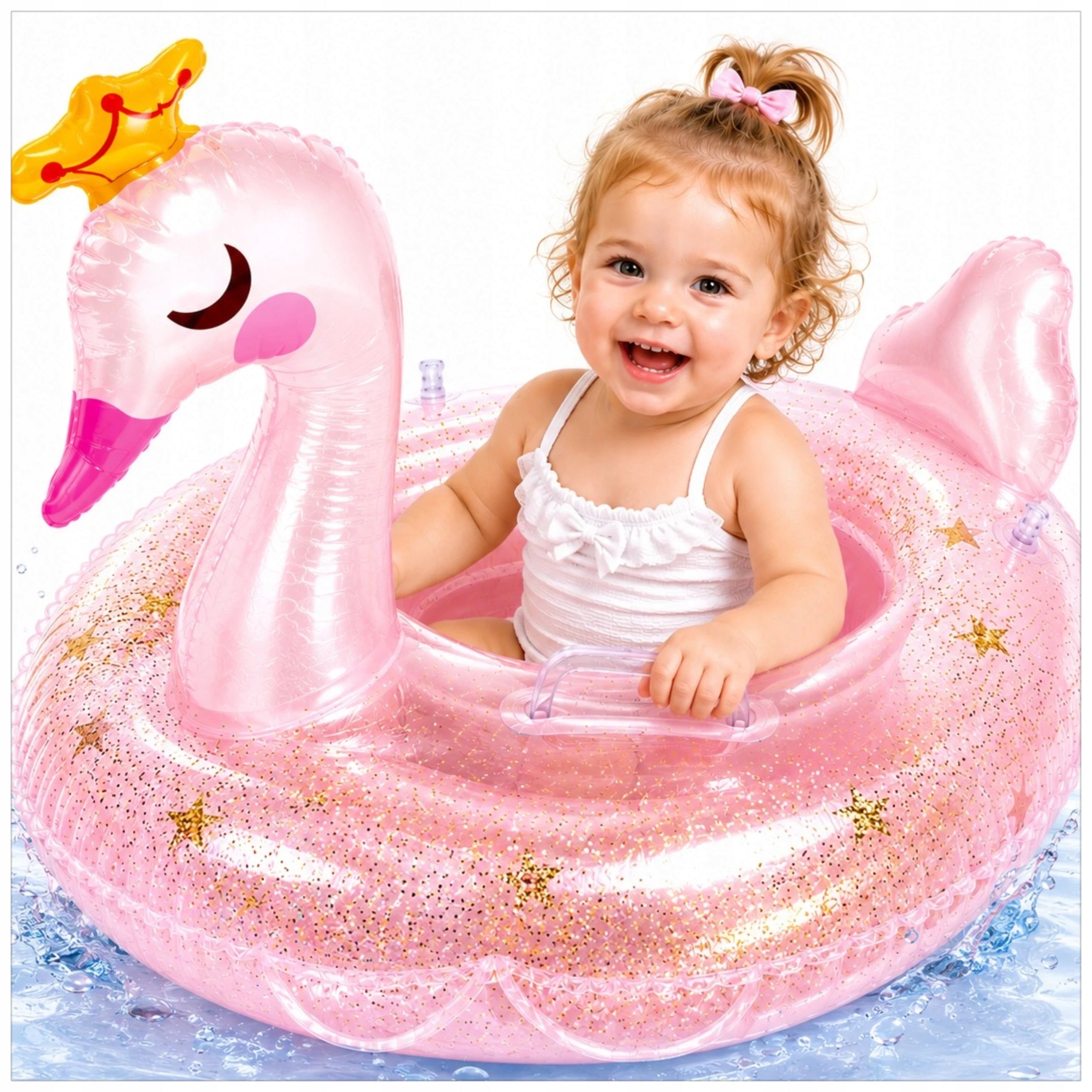 INFLATABLE SWAN SWIMMING WHEEL INFLATABLE WITH GLITTER FOR KIDS HANDLES
