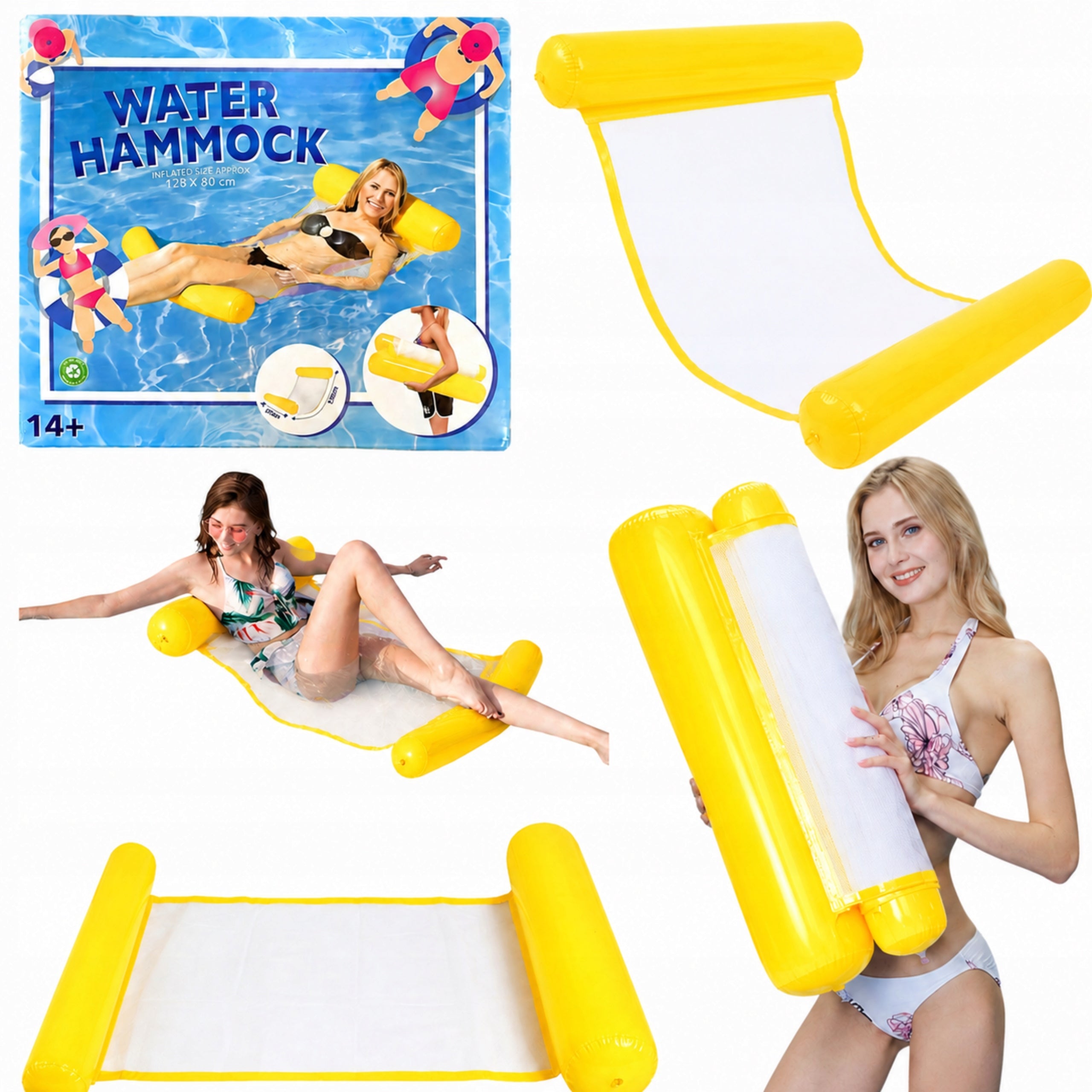 INFLATABLE WATER HAMMOCK MATTRESS POOL LOUNGER FLOATING PUMPED YELLOW