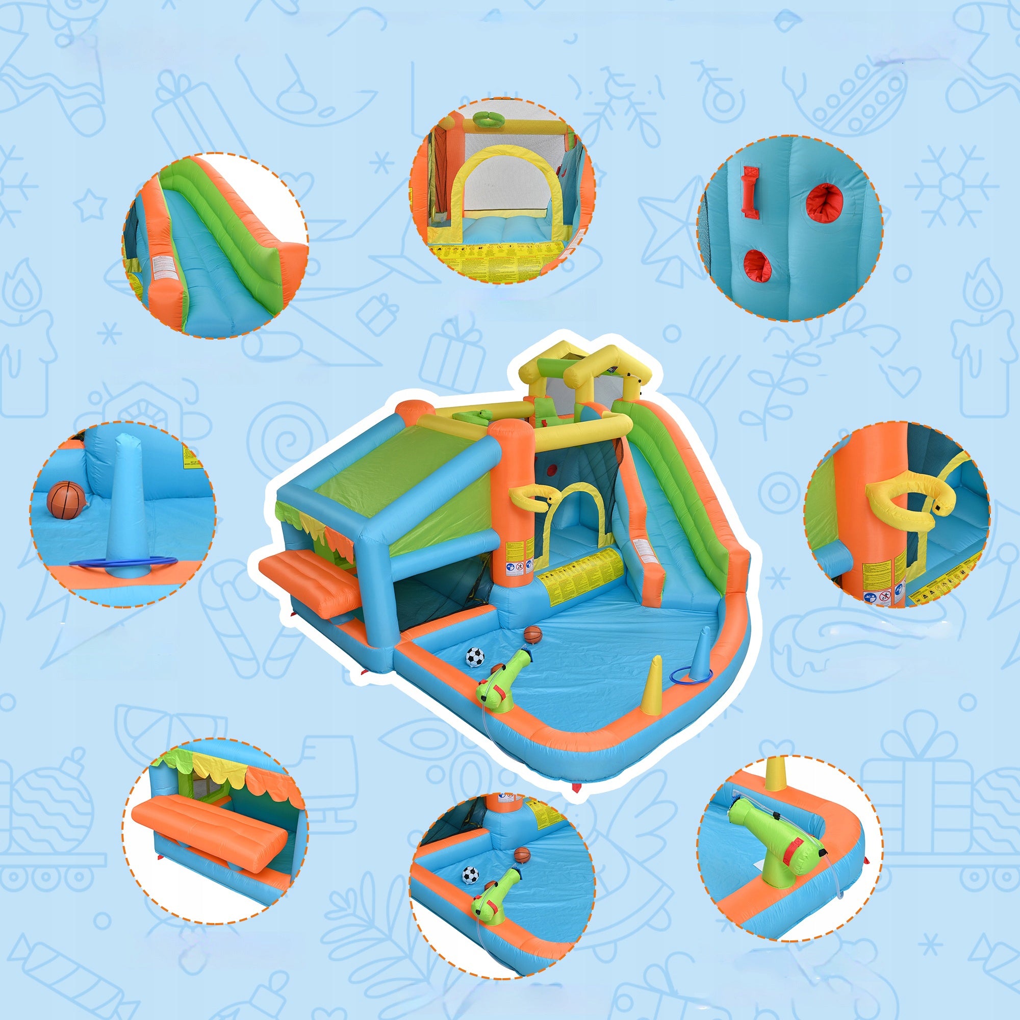 INFLATABLE WATER PARK FOR KIDS SLIDE OBSTACLE COURSE BLOWER CANNON Dominant material synthetic material