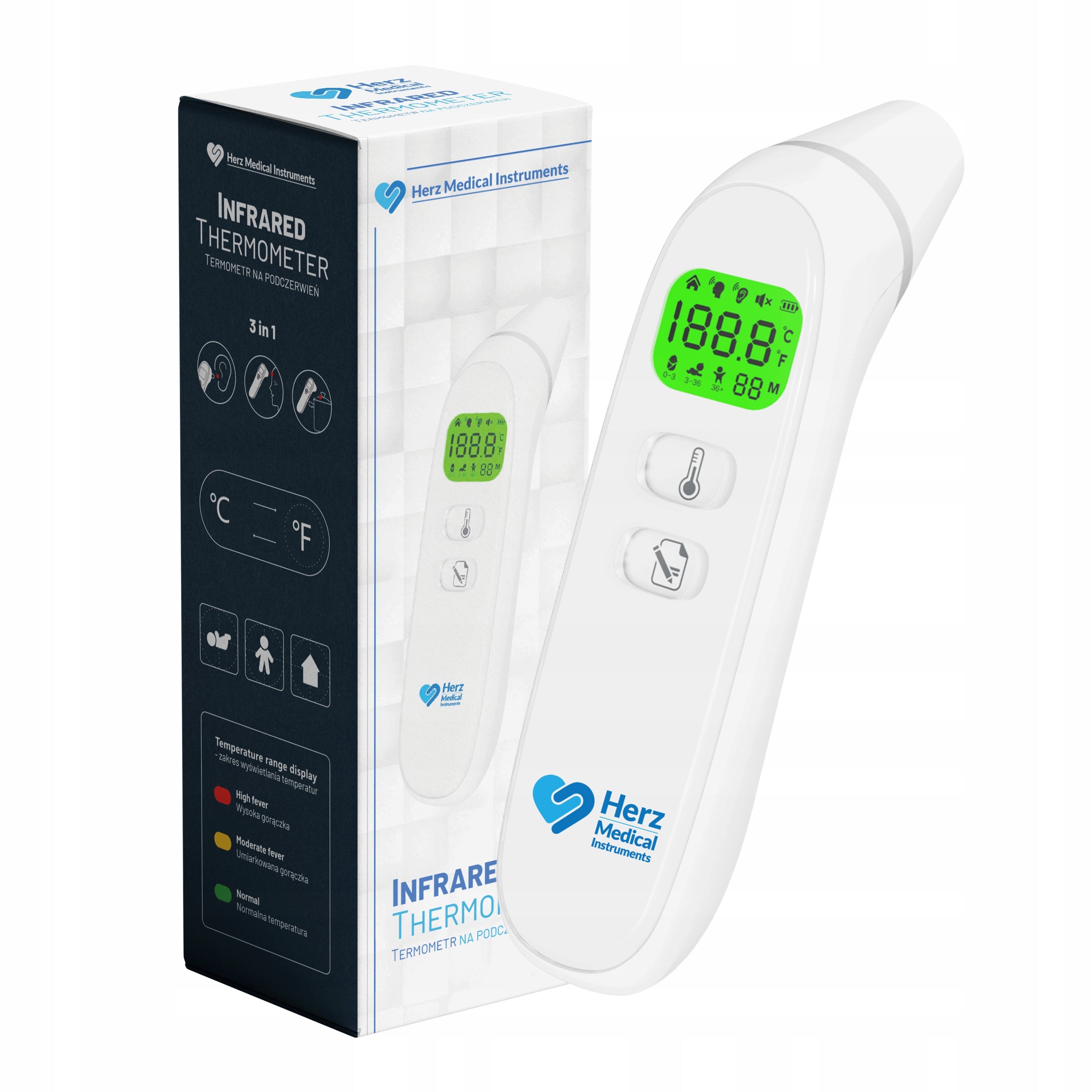INFRARED LED MEDICAL NON-CONTACT THERMOMETER, FOREHEAD + EAR, 3 MODES