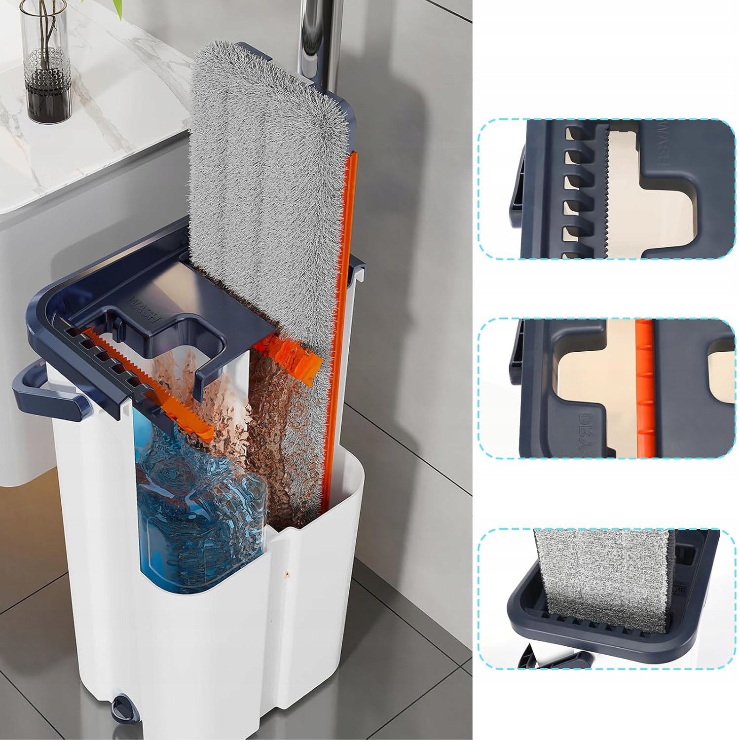 INNOVATIVE FLAT MOP WITH BUCKET WRINGING SYSTEM WITHOUT TOUCHING CLOTHS Manufacturer code 65464561