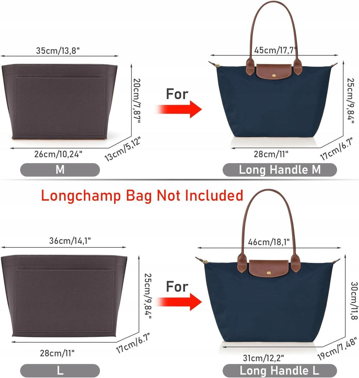 INSERT ORGANIZER FOR HANDBAG LONGCHAMP LE PLIAGE FELT DARK GRAY M Color gray