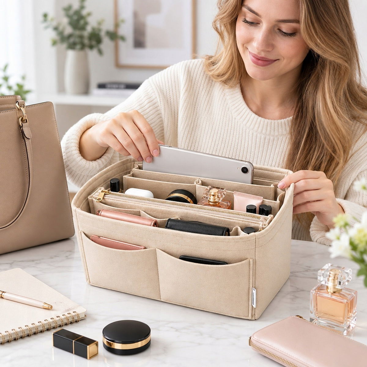 INSERT ORGANIZER FOR WOMEN'S HANDBAG FELT ROOMY M BEIGE BOTC Manufacturer code Organizer do Toreb
