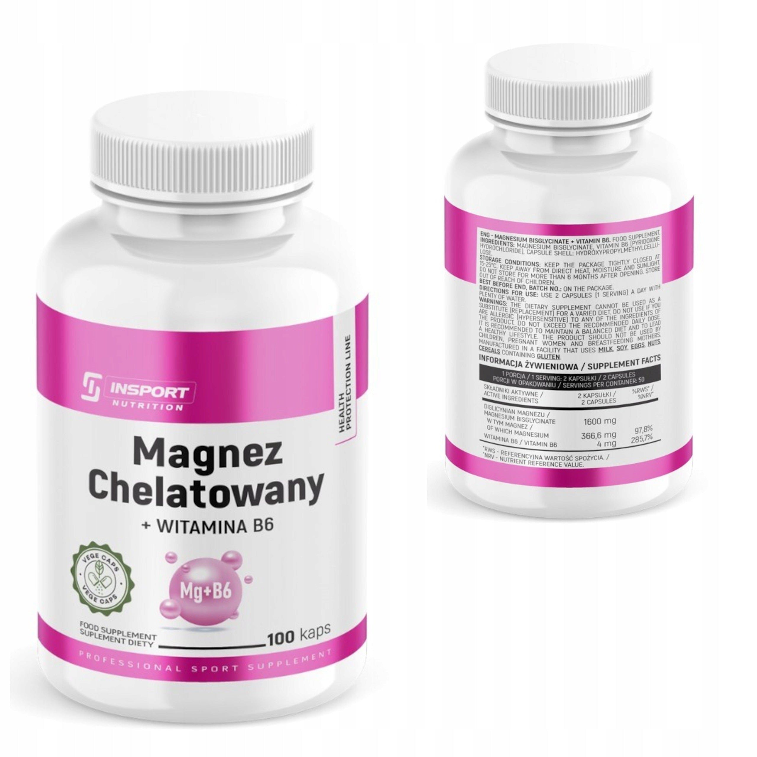 INSPORT MAGNESIUM DIGLYCINATE 1600 mg + B6 100 kap CHELATED MAGNESIUM SPASMS