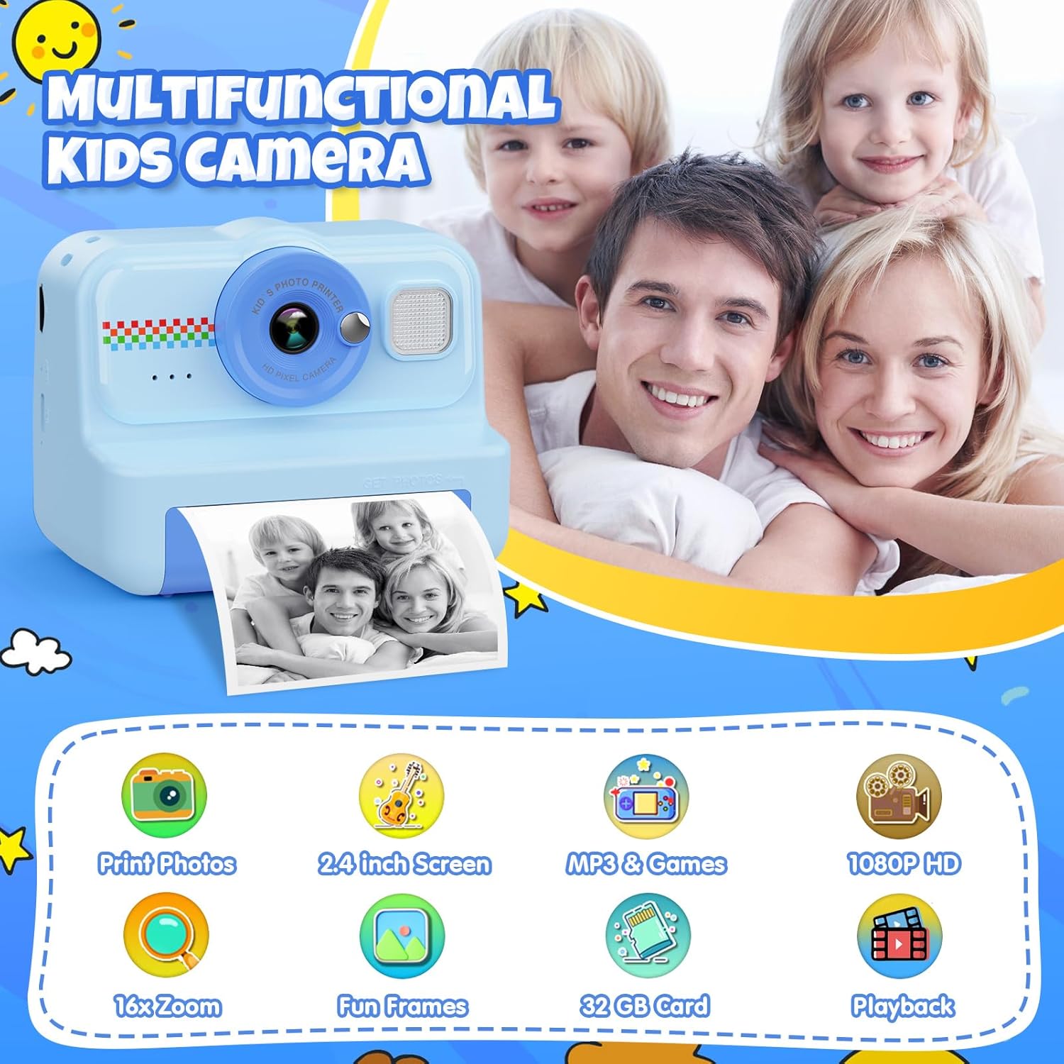INSTANT CAMERA 3 ROLLS OF PAPER CARD SD 32GB BLUE Manufacturer code APARAT FOTOGRAFICZNY NATYCHMIASTOWY NA PAPIER