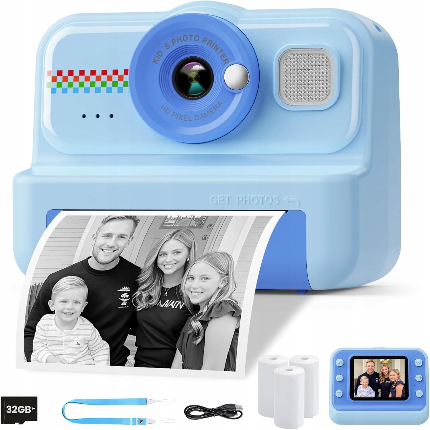 INSTANT CAMERA 3 ROLLS OF PAPER CARD SD 32GB BLUE