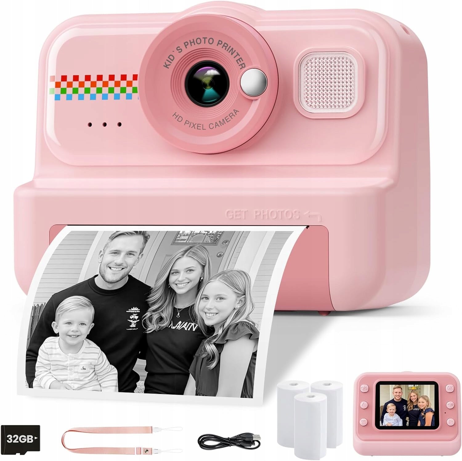 INSTANT CAMERA 3 ROLLS OF PAPER CARD SD 32GB PINK