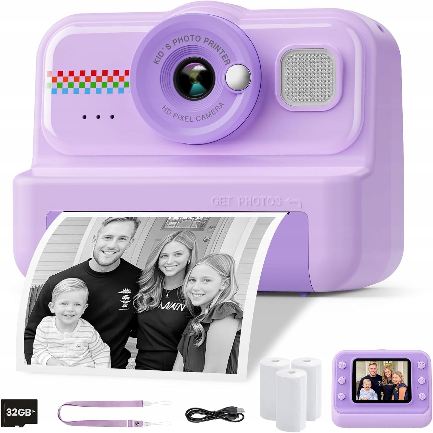 INSTANT CAMERA 3 ROLLS OF PAPER CARD SD 32GB PURPLE