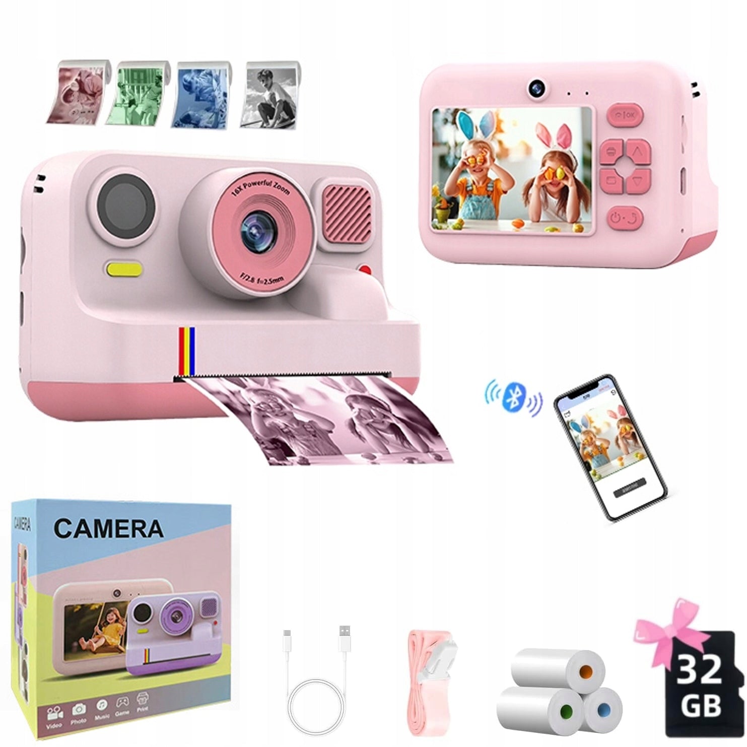 INSTANT CAMERA FOR CHILDREN 3in1 PRINT SELFIE 180° MP3 GAMES + FREEBIES