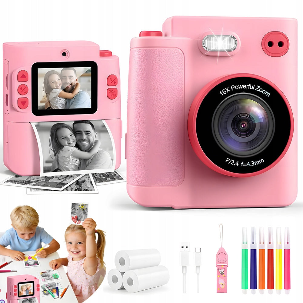 INSTANT CAMERA FOR CHILDREN PINK ZOOM 16X 1080P THERMAL PRINTING 32GB