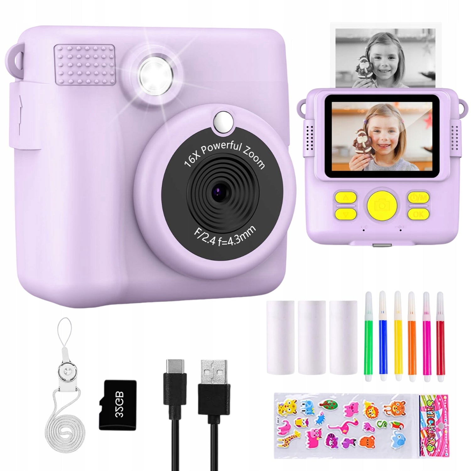 INSTANT CAMERA FOR CHILDREN PRINT MINI PRINTER + 3 ROLLS + STICKERS