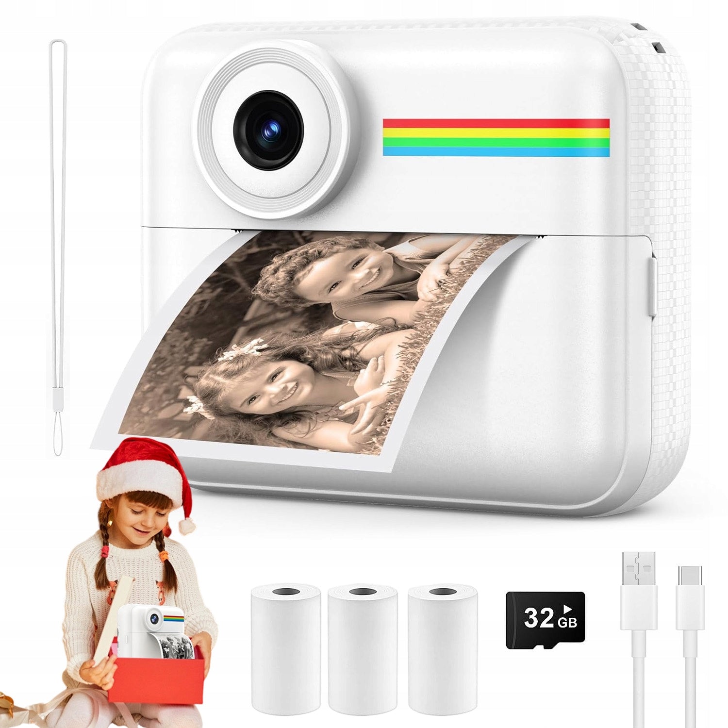 INSTANT CAMERA FOR CHILDREN THERMAL PRINTER 48MP 2.4in 1080P WHITE