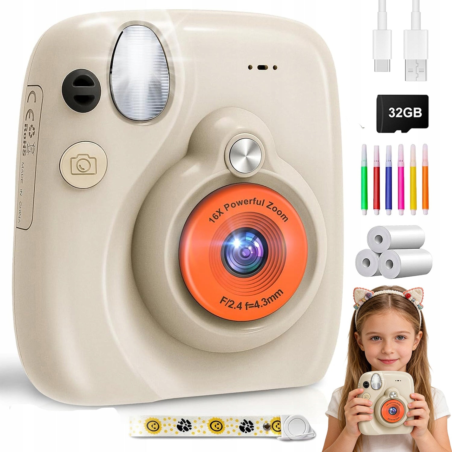 INSTANT CAMERA FOR CHILDREN WITH 16X ZOOM AND 32GB MEMORY 5 MINI GAMES LCD