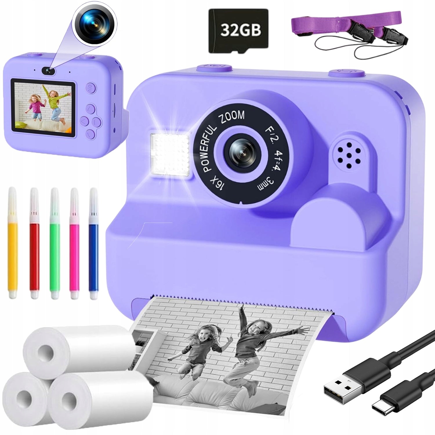 INSTANT CAMERA FOR CHILDREN WITH 5 GAMES 12MP PURPLE – PHOTOGRAPHY