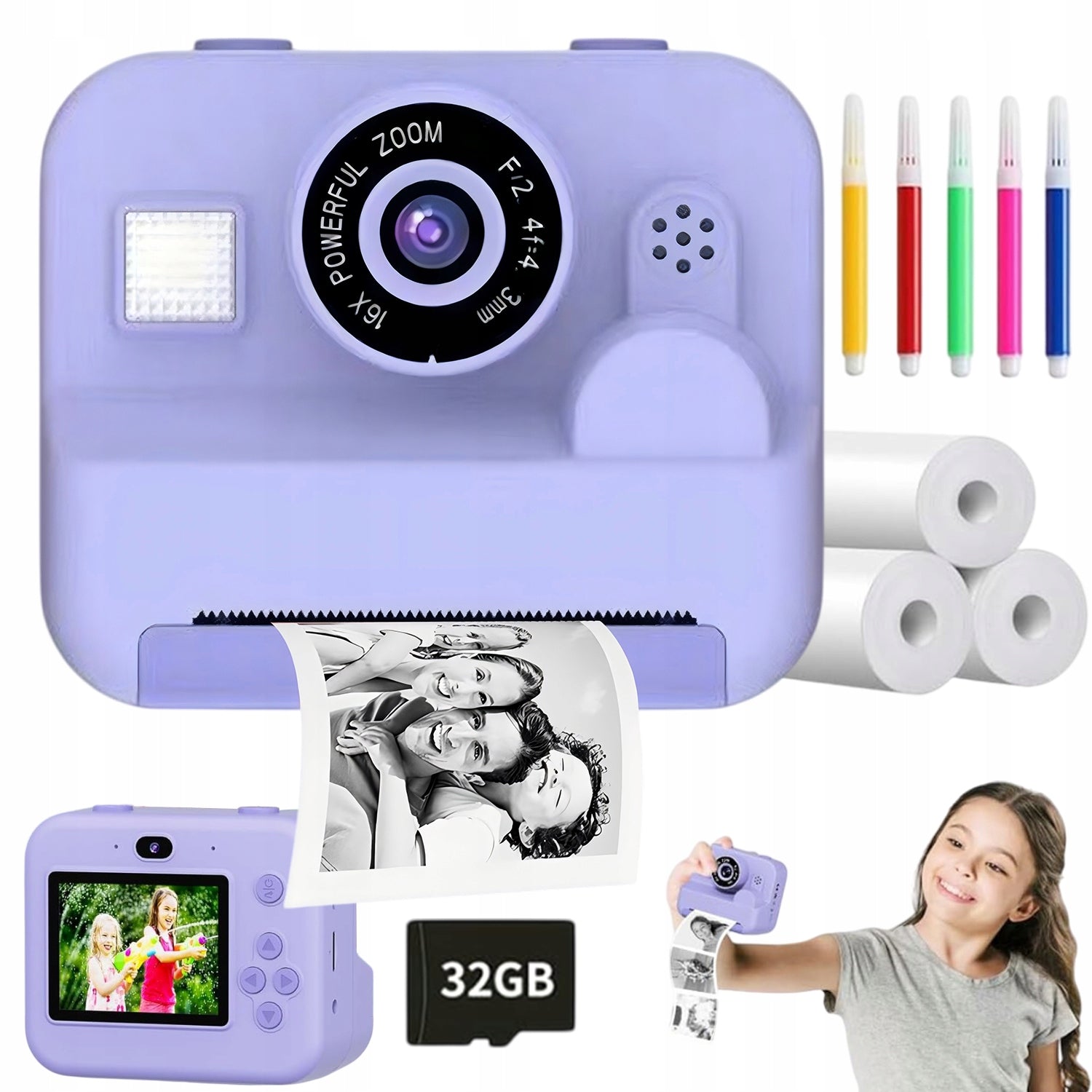 INSTANT CAMERA WITH SELFIE FUNCTION AND 32GB SD CARD WITH 16X ZOOM