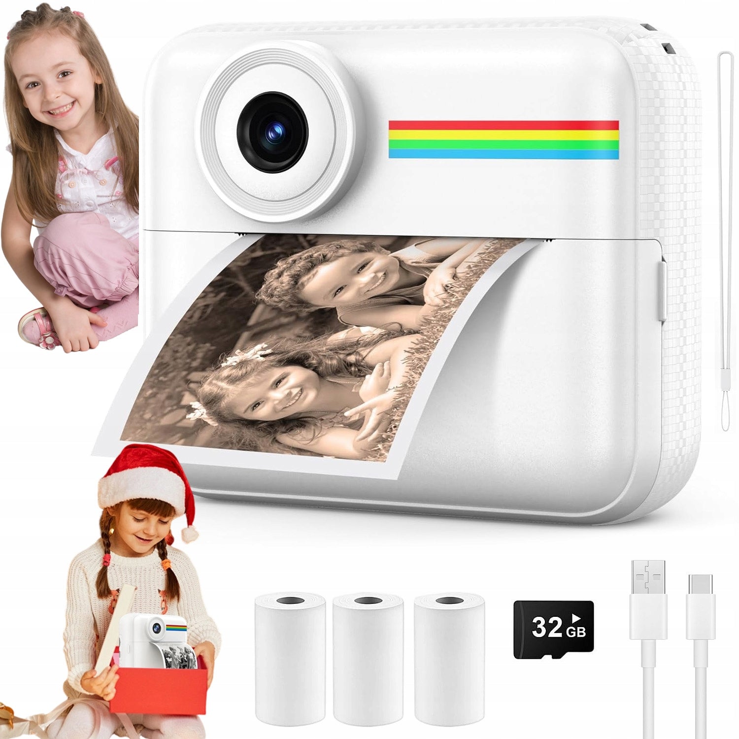 INSTANT DIGITAL CAMERA FOR CHILDREN WITH 3 ROLL PRINTER 1080P CARD