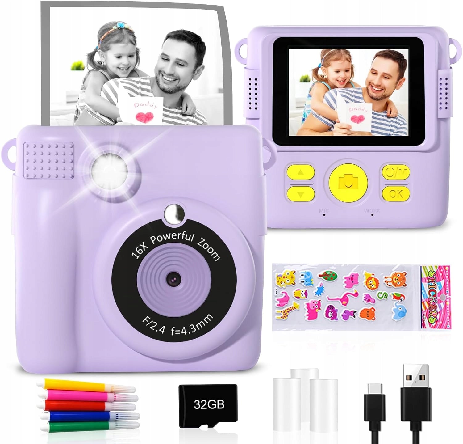 INSTANT DIGITAL CAMERA FOR CHILDREN WITH PRINTER + 32GB CARD + 3 ROLLS Model 6PH0064PP