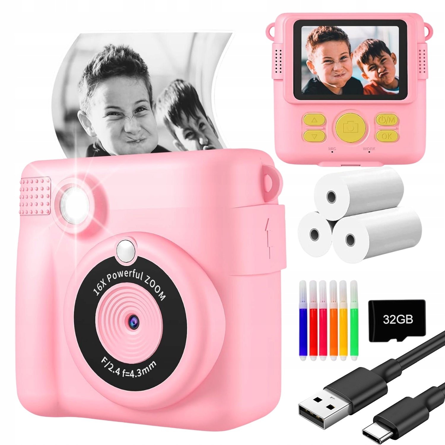 INSTANT DIGITAL CAMERA FOR CHILDREN WITH PRINTER + 32GB CARD + 3 ROLLS