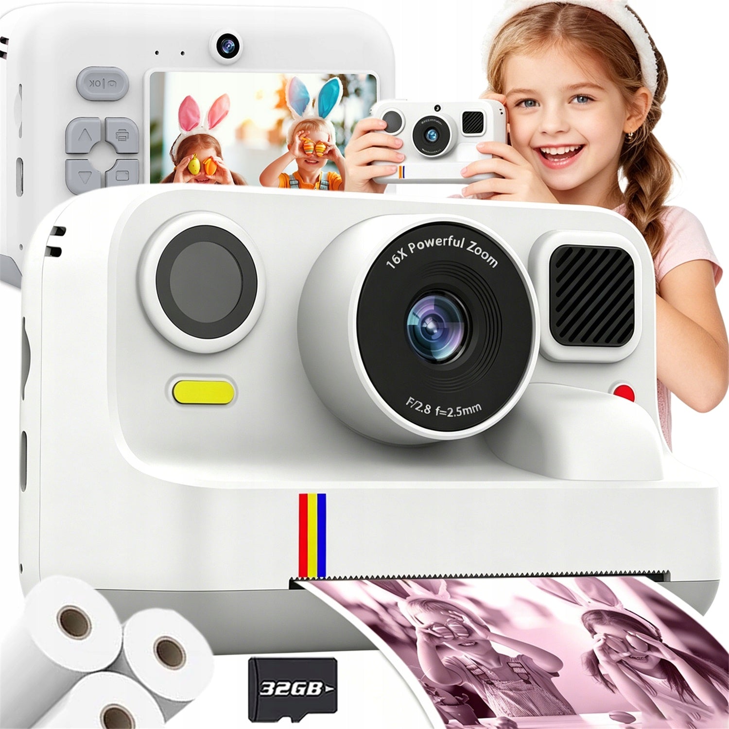 INSTANT DIGITAL CAMERA FOR CHILDREN WITH PRINTER + 32GB CARD + 3 ROLLS