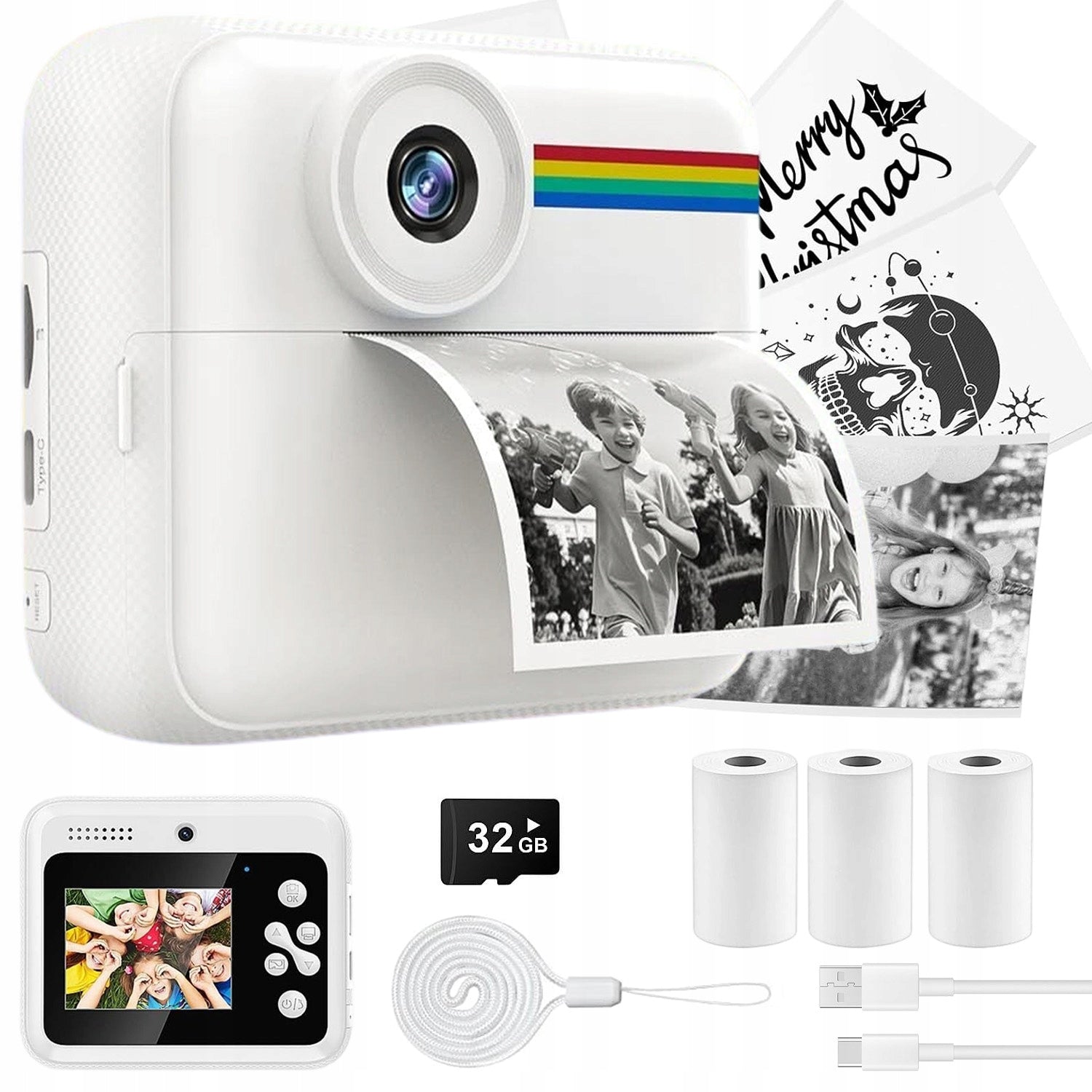 INSTANT DIGITAL CAMERA FOR CHILDREN WITH PRINTER + 32GB CARD + 3 ROLLS