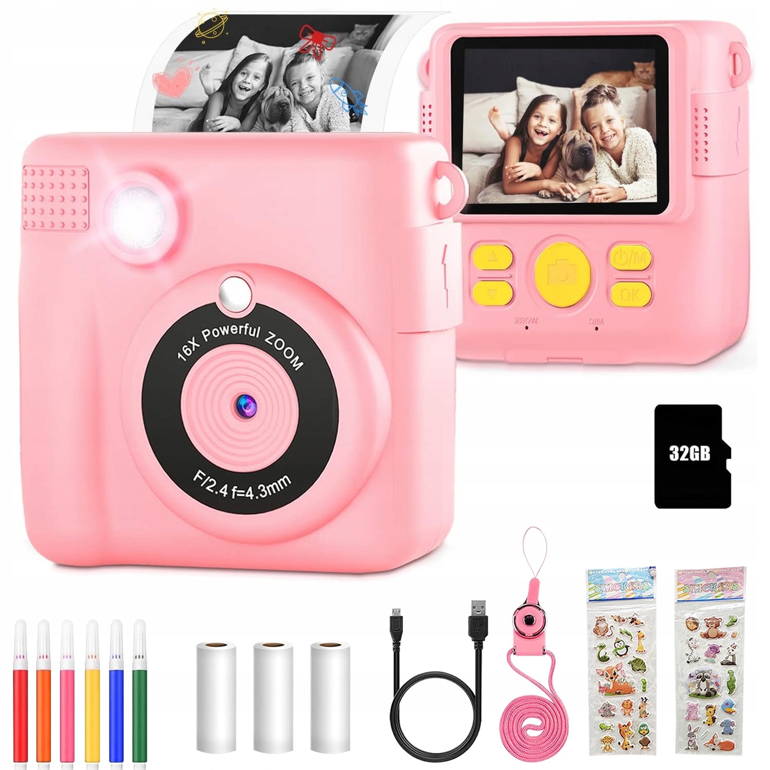 INSTANT DIGITAL CAMERA FOR CHILDREN WITH PRINTER + 32GB CARD + 3 ROLLS